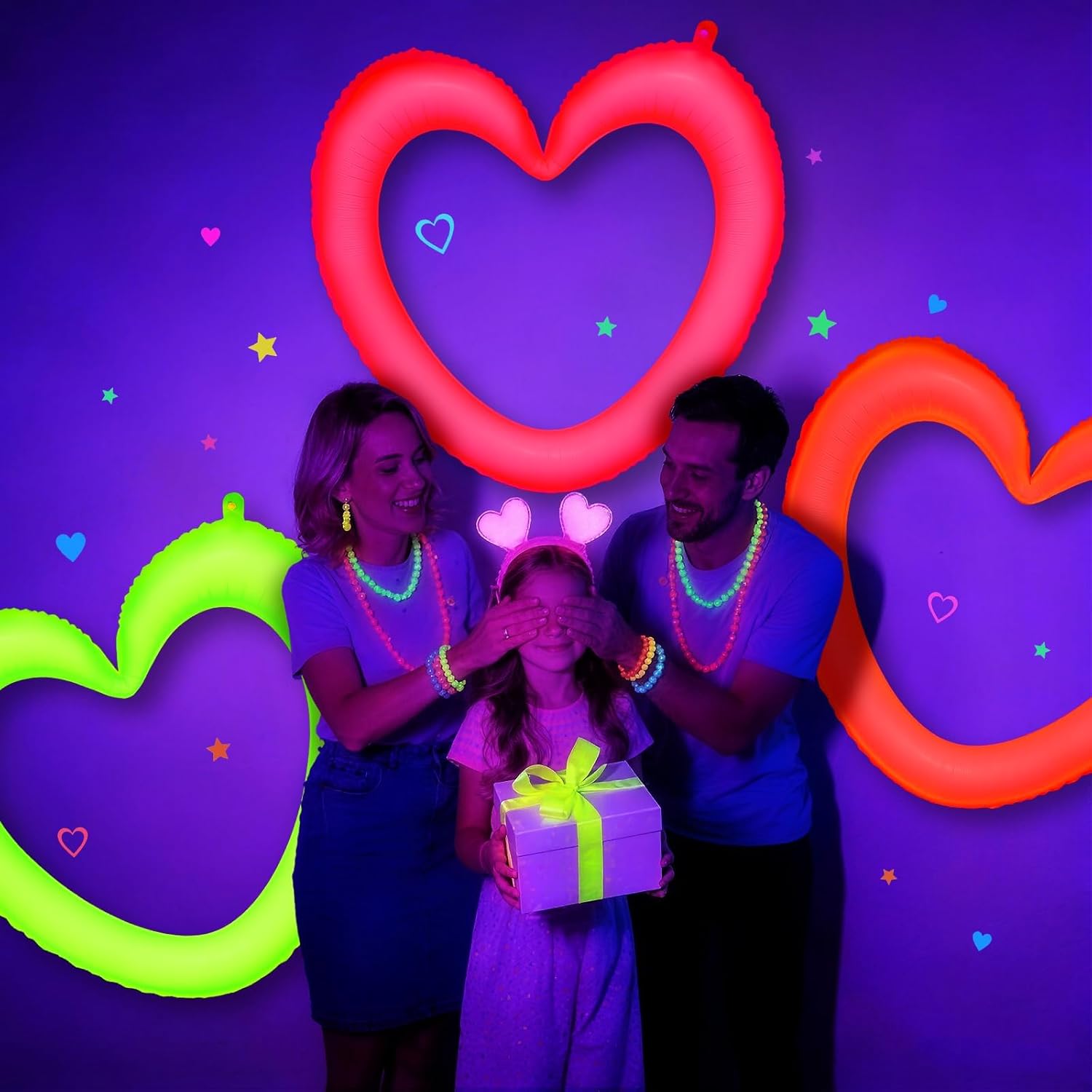 Mega-L Glow in The Dark Party Supplies, 5 Pcs Neon Heart Balloons, Fluorescent Red Yellow Fuchsia Blue and Orange, Photo Booth Props for Valentines Day, Birthday, Wedding, Engagement Romantic Decor - Image 5
