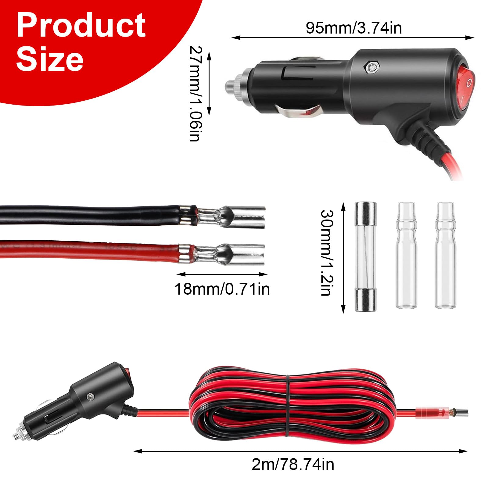 Wtyczka do zapalniczki samochodowej z przełącznikiem 2 m - 12 V/24 V przedłużacz 16AWG miedziany z bezpiecznikiem LED i 15 A, adapter samochodowy do samochodu, kampera, łodzi, motocykla
