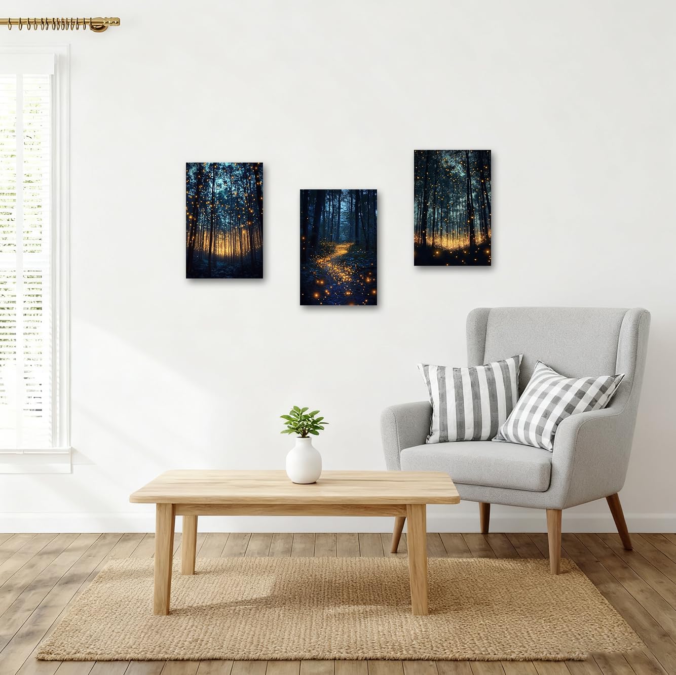SWQYLB Magical Firefly Forest Canvas Wall Art Set of 3 Glowing Night Woods Picture Prints Enchanted Night Nature Mystical Woodland Wall Decor for Living Room (Black, 16x24inchx3 Pieces)