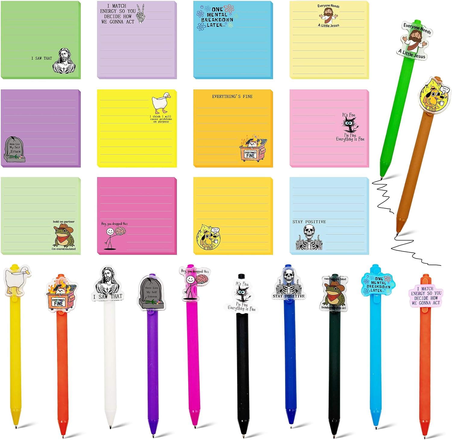 24Pcs Funny Desk Accessories Include Sticky Notes and Pen Joke Memo Pads with Matching Acrylic Clip Pens Office Sarcastic Do List Notepads Cute Trendy Gift for Coworker Friend Teacher (Funny)