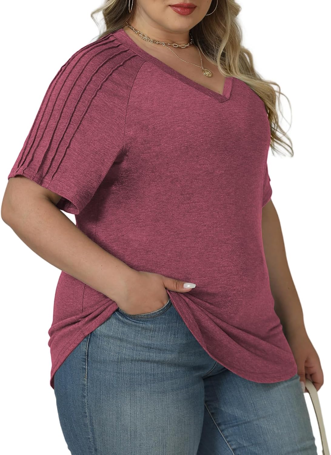 VISLILY Womens-Plus-Size-Summer-Tops Trendy V Neck T Shirts Casual Pleated Short Sleeve Dressy Blouses Tunics Cute Tee XL-5XL - Image 2