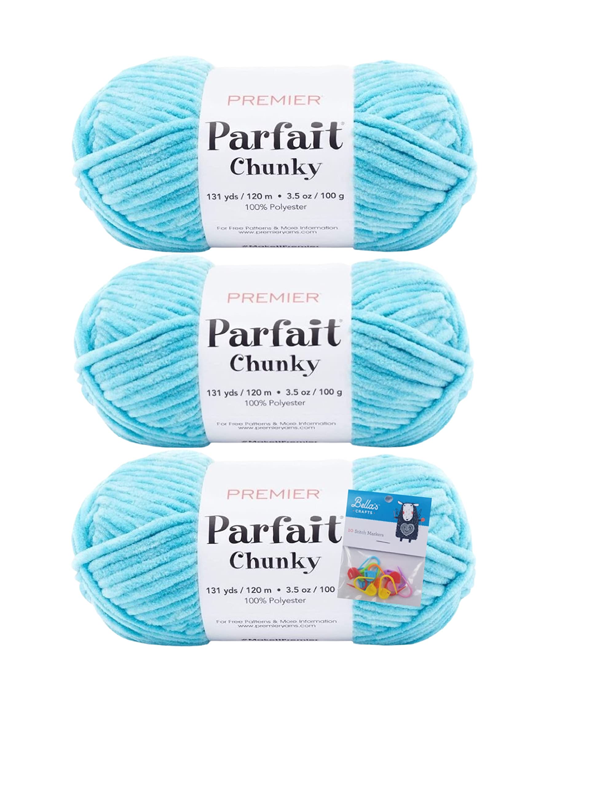 Premier Yarns Parfait Chunky - 3.5 Oz - #6 Super Bulky Weight - 3 Pack Bundle with Bella's Crafts Stitch Markers (Seaside)