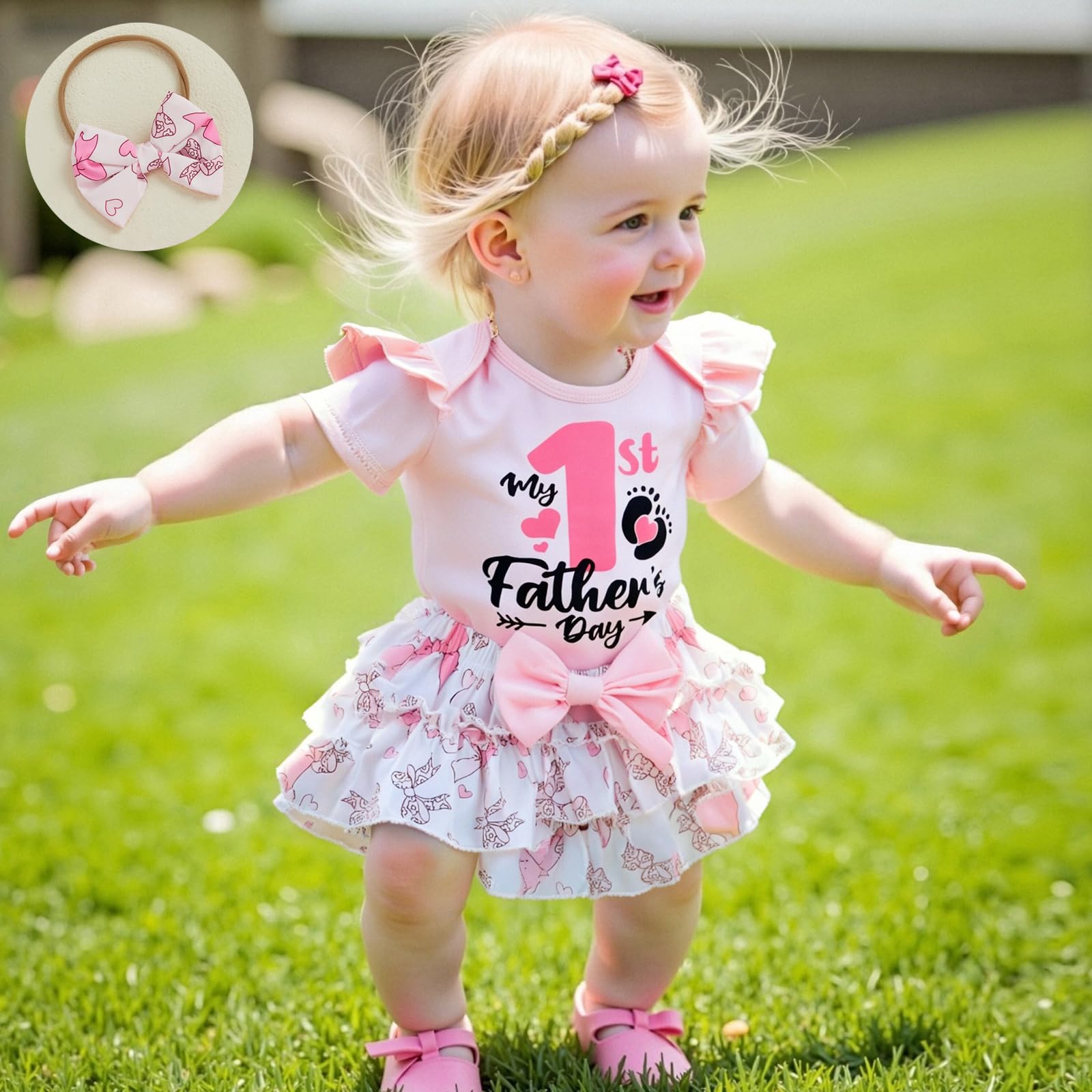 Dobeiokal Newborn Baby Girl Summer Clothes Short Sleeve My First Fathers Day Romper Bow Shorts Set Cute Daddys Girls Baby Clothes(A-Pink,9-12 Months)