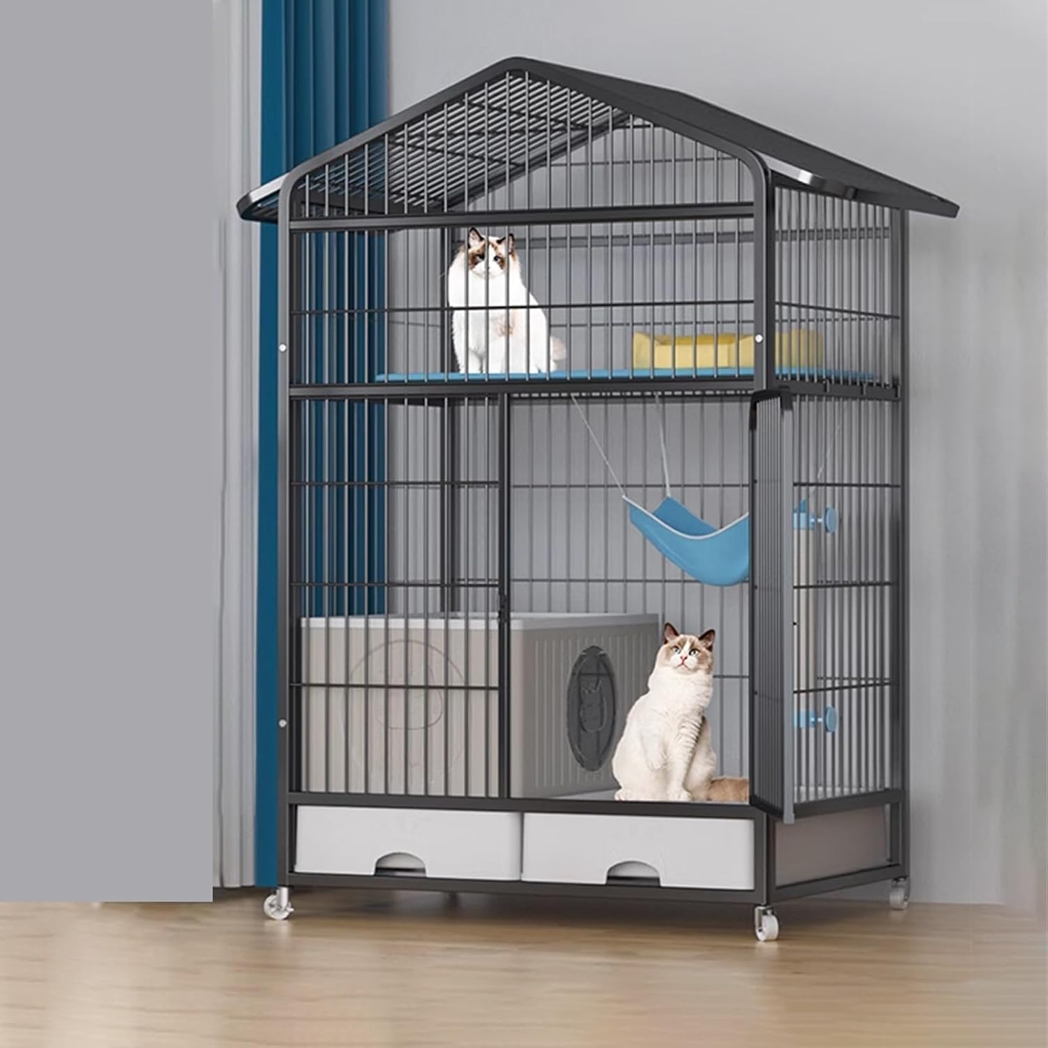 s Indoor with Litter Box Large for Rabbits, Metal Cat Kennel Outdoor with Wheels for Small Animals, Cat Enclosures Indoor with Platform Ladder(Black,83 * 59 * 136cm)