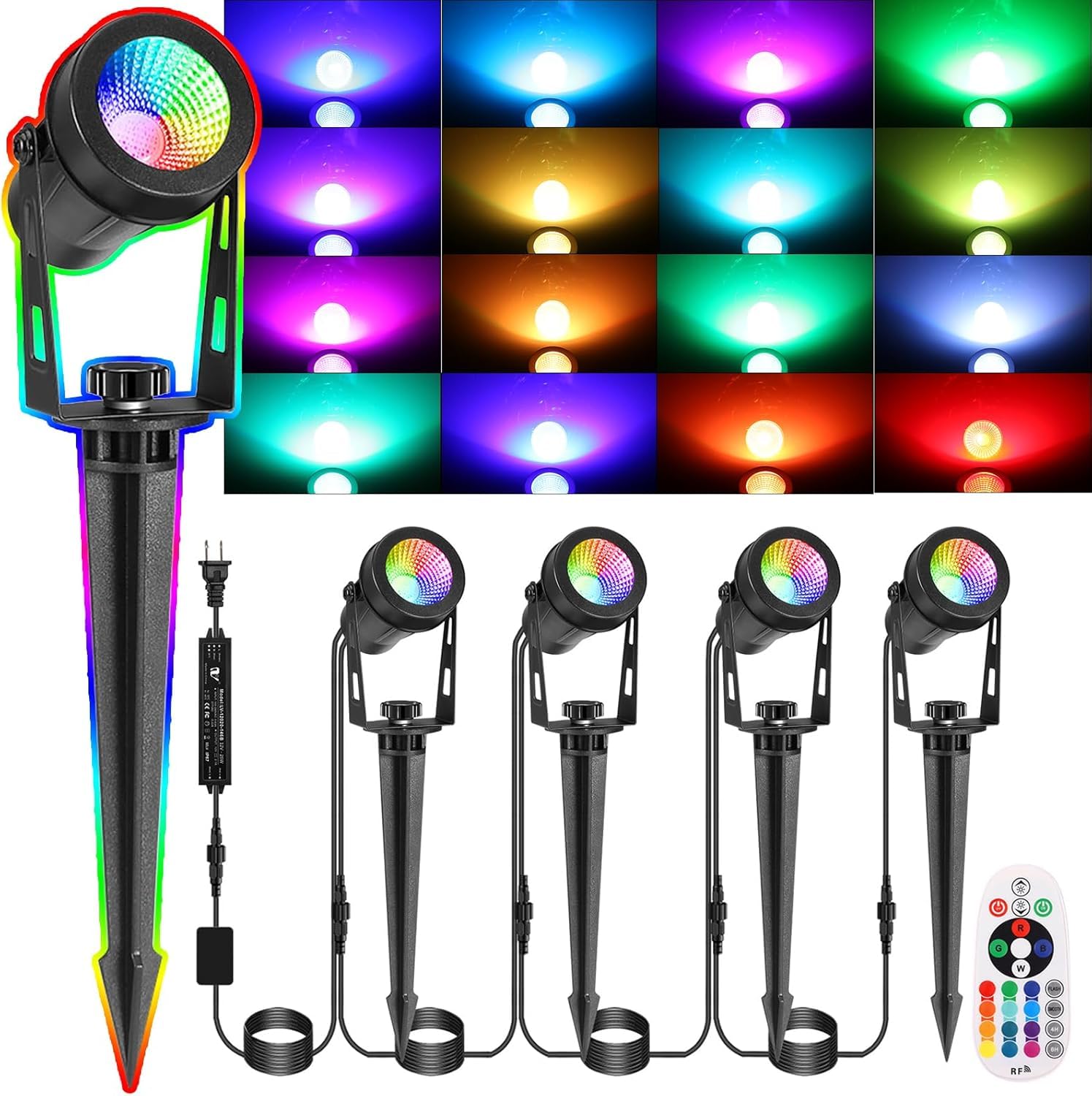 GreenClick 15M Garden Spot Lights Mains Powered, RGB Color Changing Garden Spike Lights,IP65 Waterproof Outdoor Uplighter,12V Timer Memory Remote for Wall Yard Landscape Christmas,Holiday(4Pack 12W)
