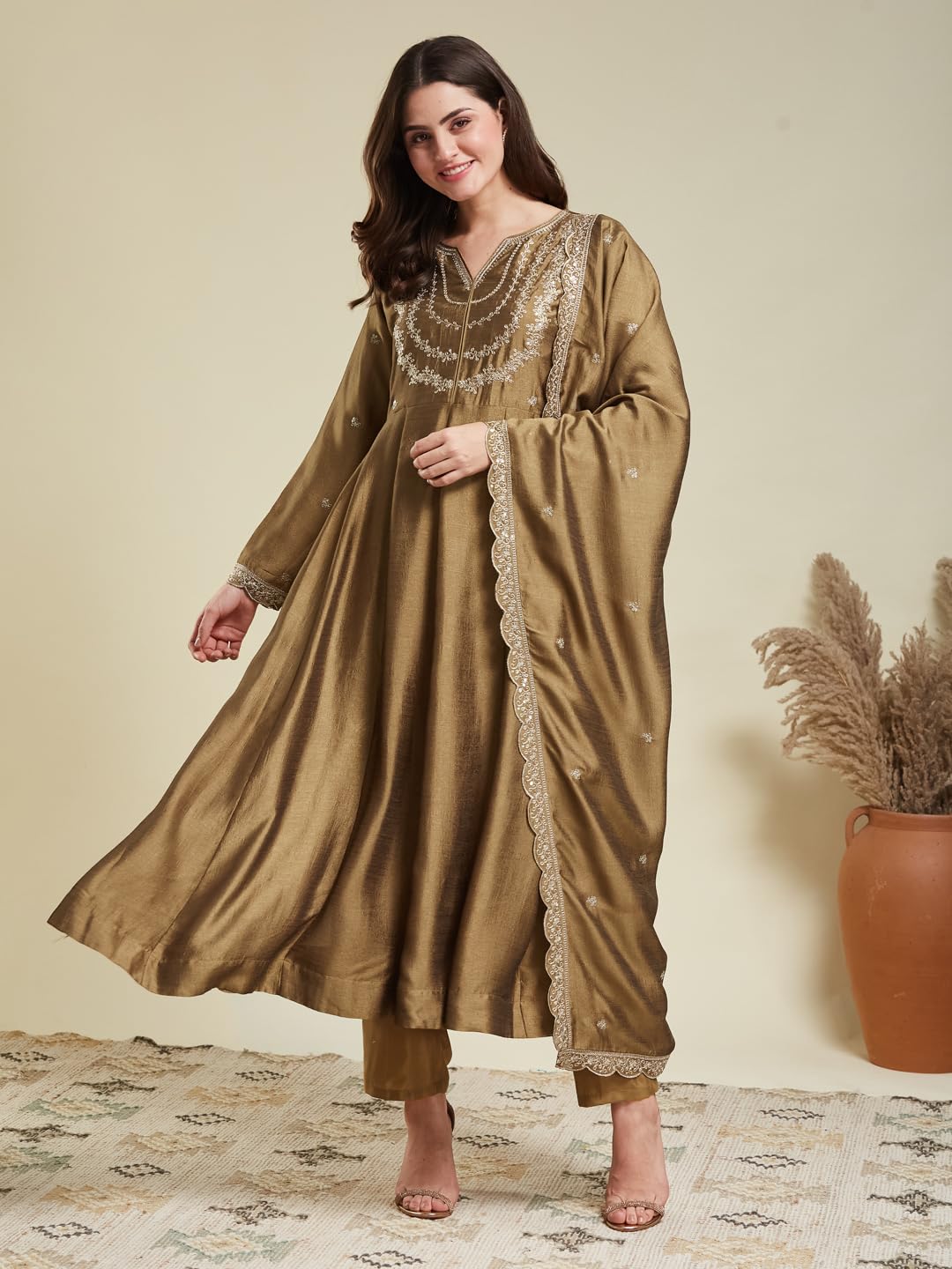 MOKOSH Women's Silk Embroidered Anarkali Kurta Pant Dupatta Set (444-06-M) Golden - Image 3 thumbnail