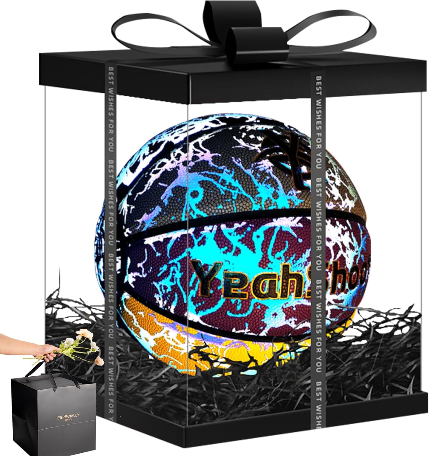 Size 7 Youth Luminous Basketball - Holographic Reflective Glow in The Dark Cool Ball, Luxury Gift Box, Perfect Basketball Gift for Any Holiday