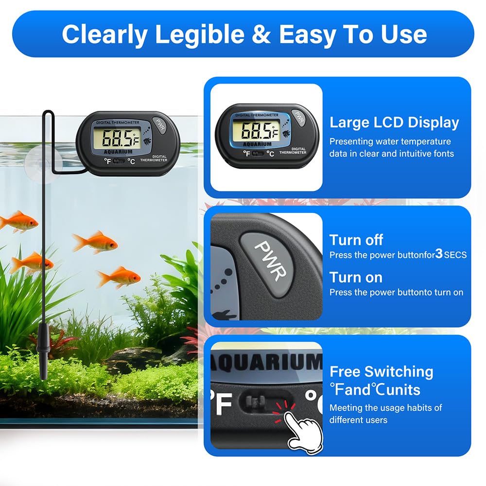 Digitales Aquarium-Thermometer, Test mit großem LCD-Display, Fahrenheit/Celsius (℉/℃) für Aquarium, Reptilien-Terrarium, Schildkrötenbecken