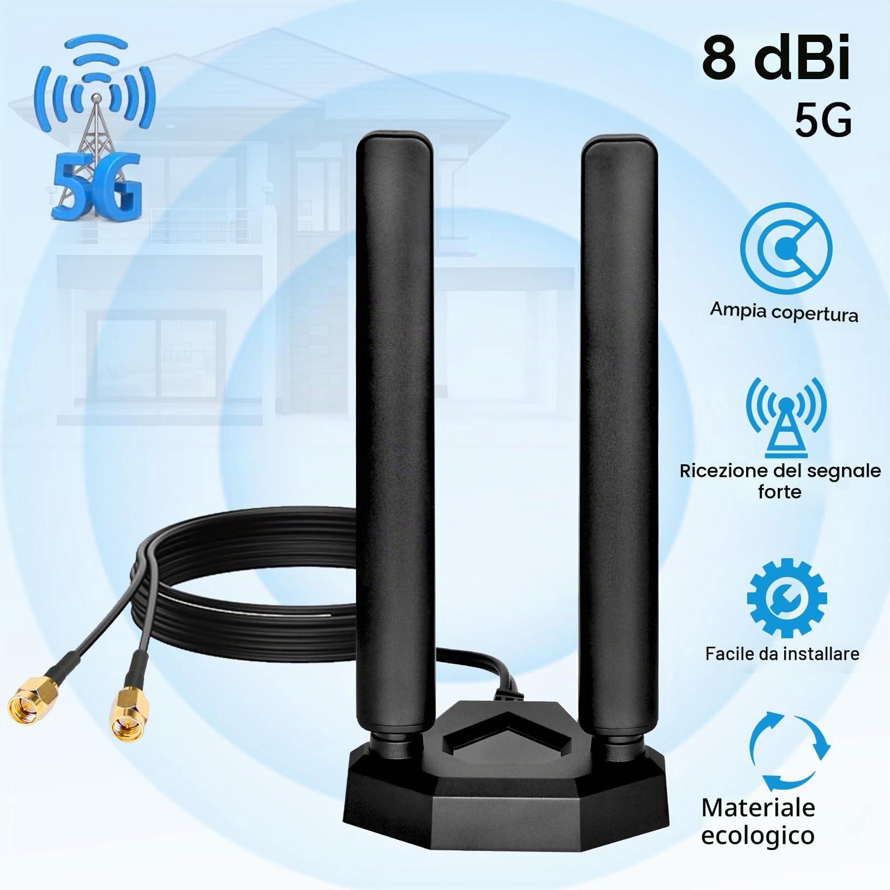 Antenna 4G LTE/5G Sub-6 SMA TS9 maschio a banda larga 8dbi 600-3980MHz antenna radiante con base magnetica, cavo da 2 meter Compatibile con 5G 4G LTE Router