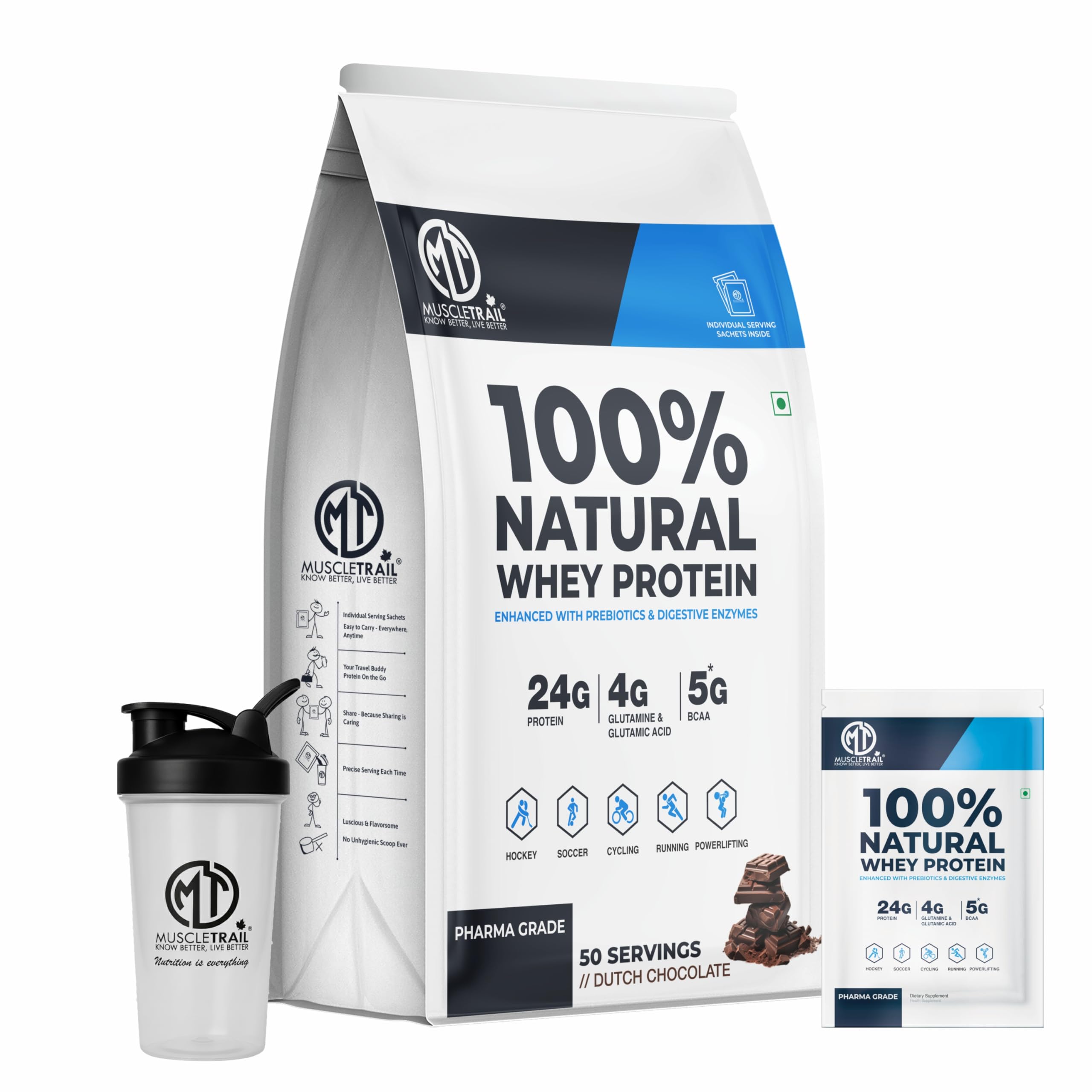 MuscleTrail Pharma Grade 100% Natural Whey Protein Powder | 24g Protein, 4g Glutamine, 5g BCAA | Isolate Source, Low Carb | Muscle Gain & Recovery Supplement | 50 Sachets + Premium Shaker Bottle (Vanilla) — Amazon image 14