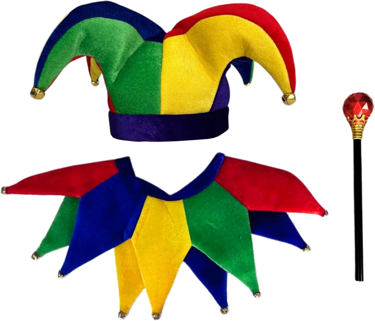 Jester Hat, Collar, and Wand Set - 3-Piece Costume for Adults - Hilarious Halloween and Party Accessory