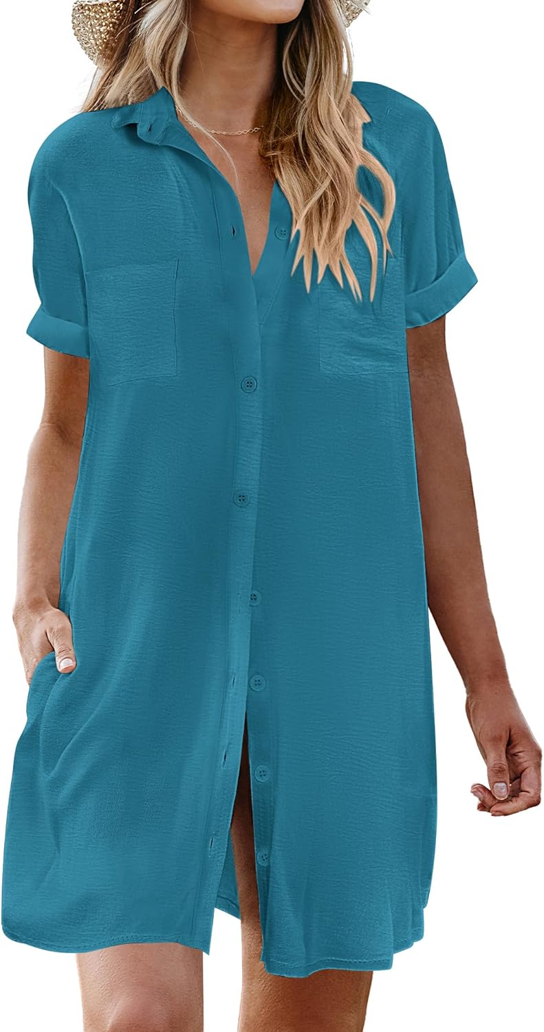 AI'MAGE Womens Bathing Suit Cover Ups Summer Shirt Dress Casual Short Sleeve Button Down Beach Shirts with Pockets S-XXL