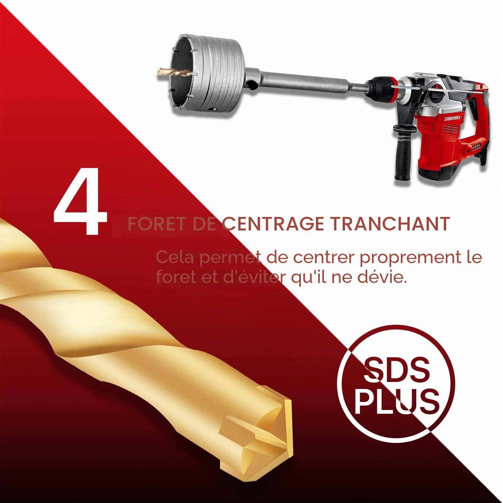 Couronne de forage SDS Plus Ø 125 mm, filetage M22 SDS plus adaptateur 220 mm et foret de centrage 8x110 mm, scie murale pour maçonnerie, pierres naturelles, grès, béton, marbre (125 mm)
