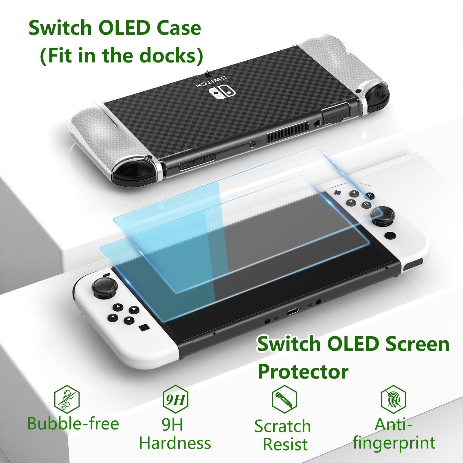 HEYSTOP Accesorios Funda para Nintendo Switch OLED, 27 EN 1 Carcasa Kits Incluye Estuche Protector para Switch OLED, Vidrio Templado, Volante JoyCon,Grip Joycon,Tapas Pulgar,Base de Carga - Negro