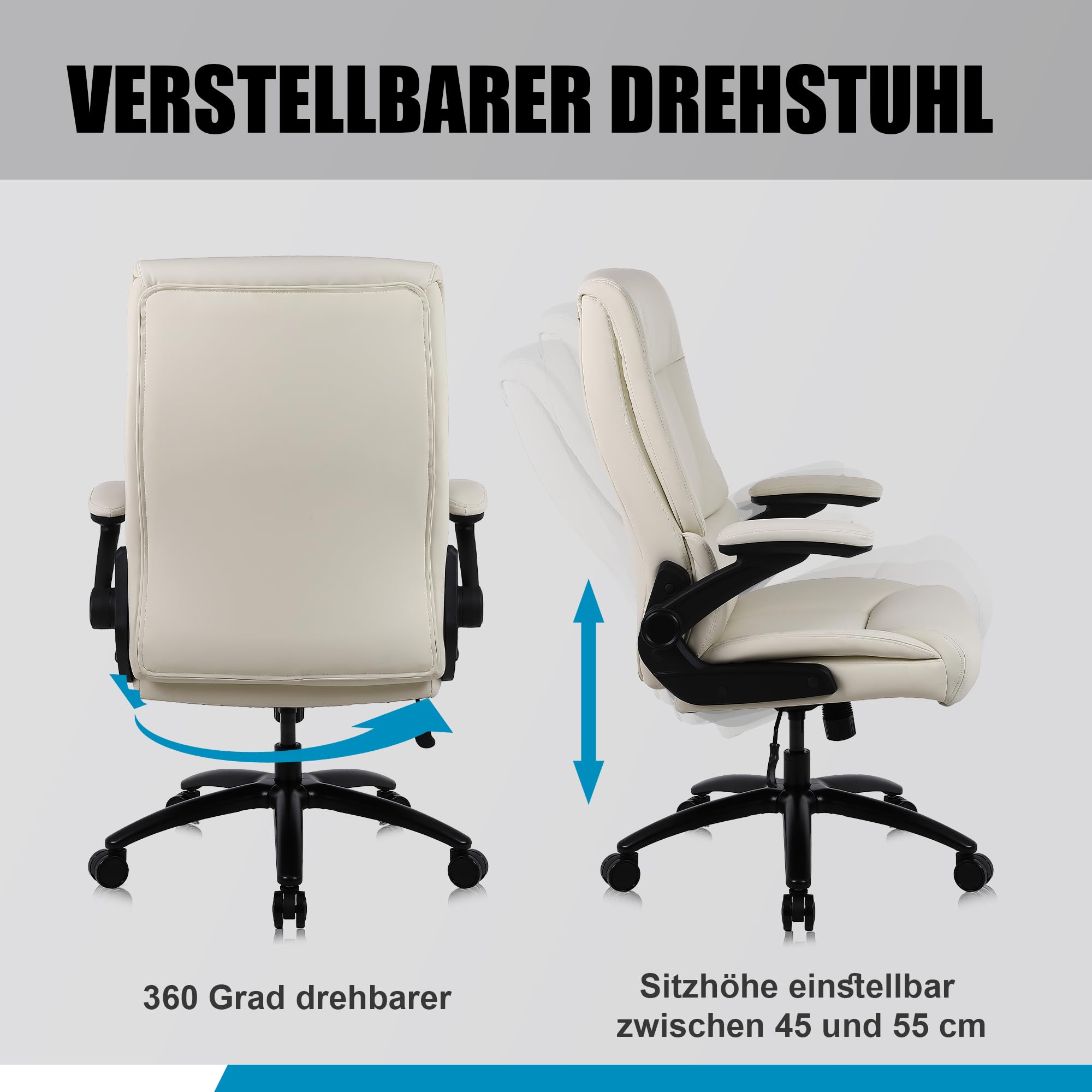 Youhauchair Bürostuhl 200kg für schwere Menschen, Chefsessel aus PU-Leder, Bürostuhl Ergonomisch mit hochklappbarer Armlehne, Schreibtischstuhl Office Chair für Home Office, Beige