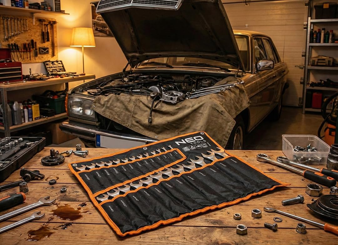 NEO TOOLS 25-częściowy zestaw kluczy płasko-oczkowych 6-32 mm ze stali CrV – zestaw kluczy płasko-oczkowych w praktycznej torbie rolowanej, profesjonalny zestaw narzędzi do warsztatu i garażu, matowy