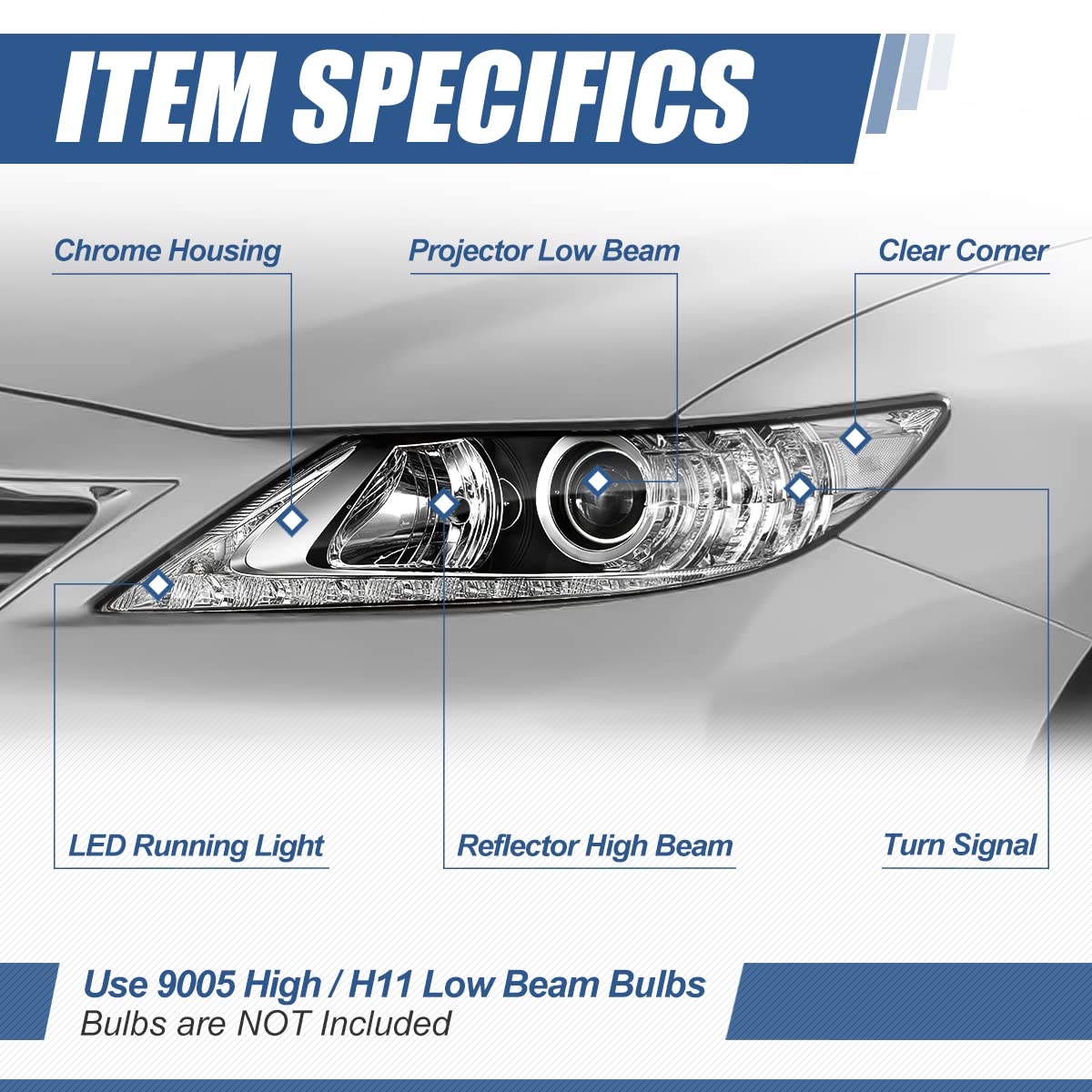 Auto Dynasty LED DRL Headlights Assembly Compatible with 2013 2014 2015 Lexus ES300H ES350, Pair of Halogen Headlamps Replacement w/LED Lighting Strip, Projector Low Beam, Chrome Housing Clear Corner