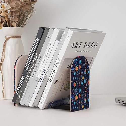 Miniatura 6 de Book Ends for Shelves 1 Pair - Neon Retro Clock Print Wood with Metal Base Bookends for Heavy Books, Book Stand Organizer Holder for Books Movies
