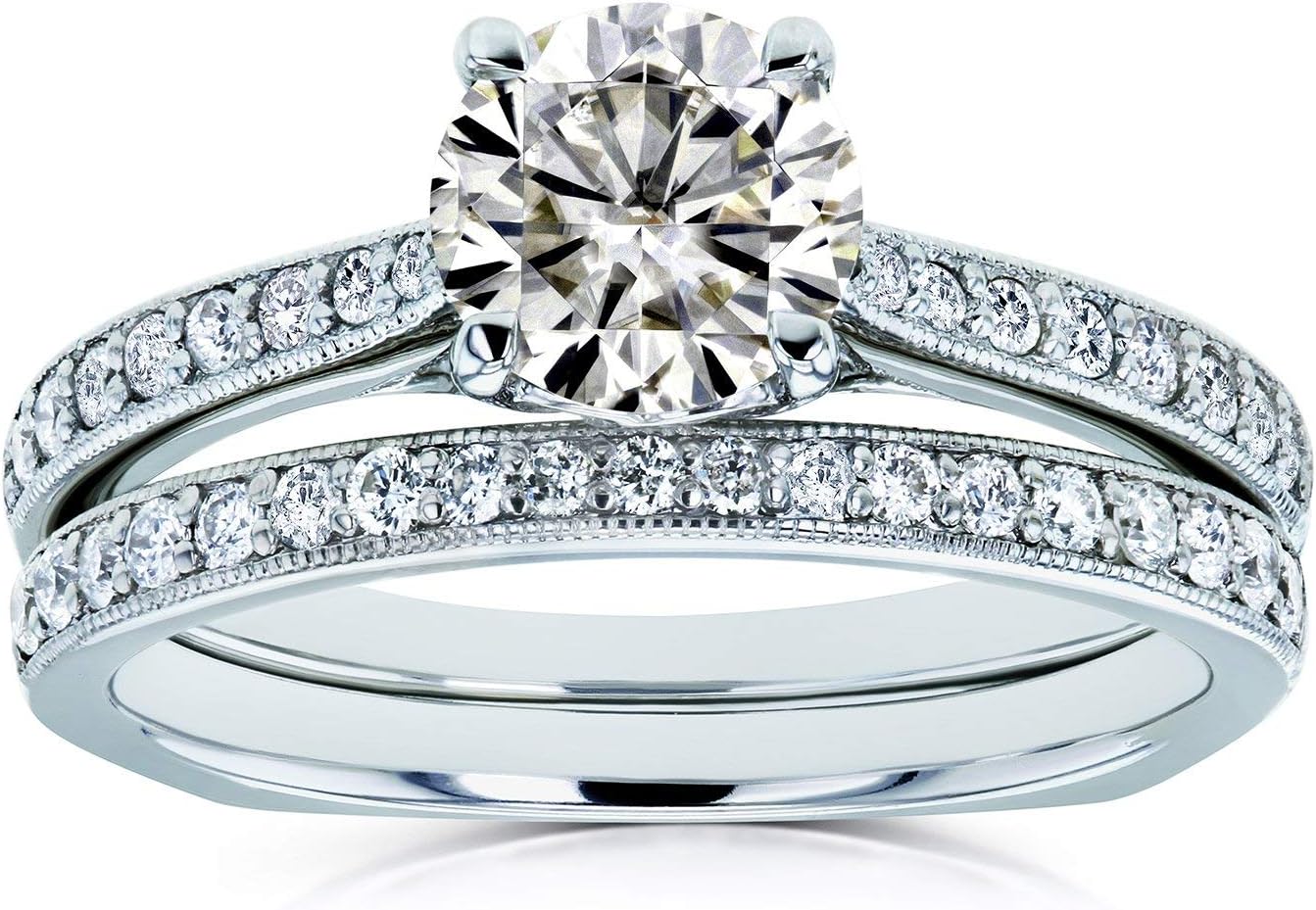 Kobelli Round Moissanite Square European Shank Vintage Style Trellis Bridal Set 1 3/5 CTW 14k White Gold