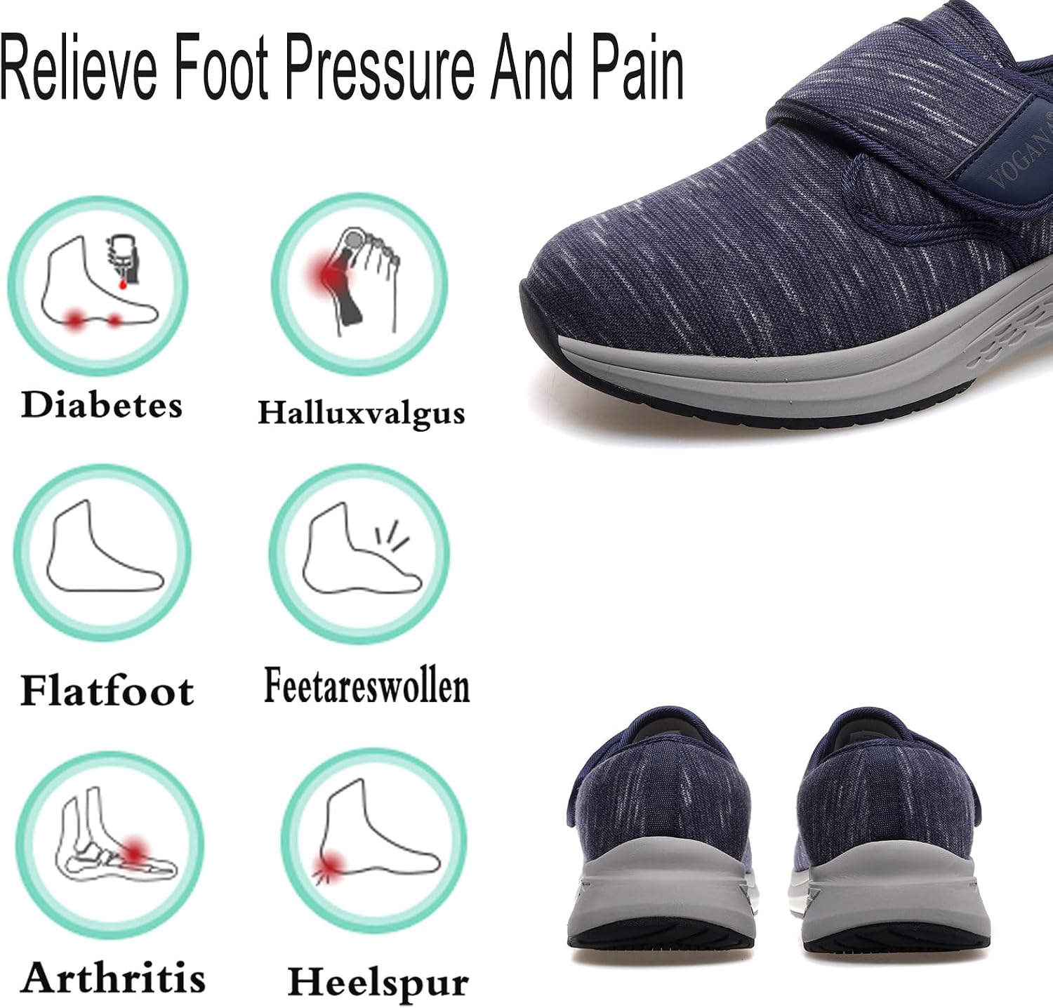 Vogana Diabetic Shoes for Men Adjustable Widch Walking Orthopedic for Swollen Feet | Foot Pain Relief