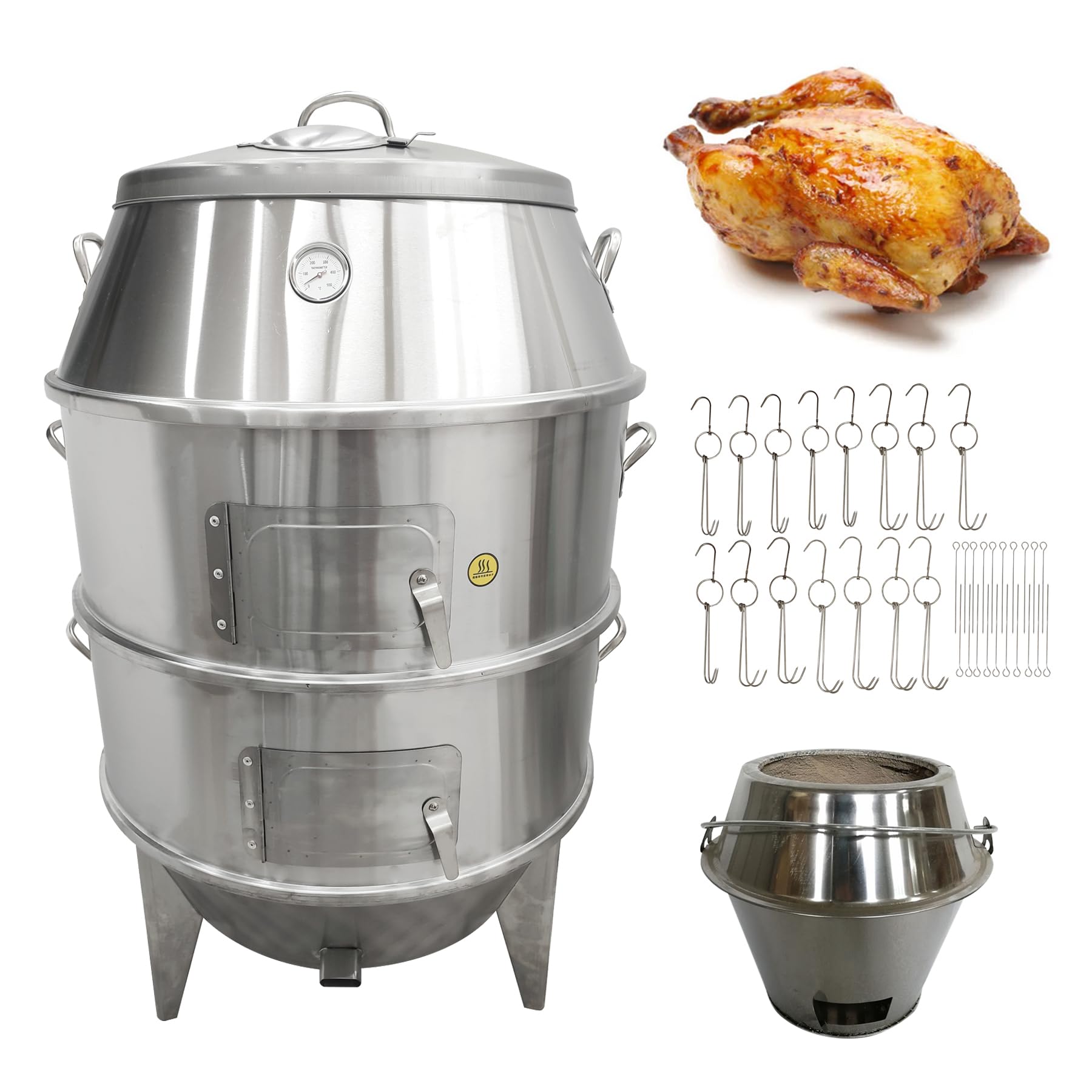 TECHTONGDA Charcoal Roast Duck Oven Chicken Duck Roaster, Stainless Steel BBQ Roast Turkey with 15 Hooks 20 Tail Pins and Temperature Display for Commercial Home Use