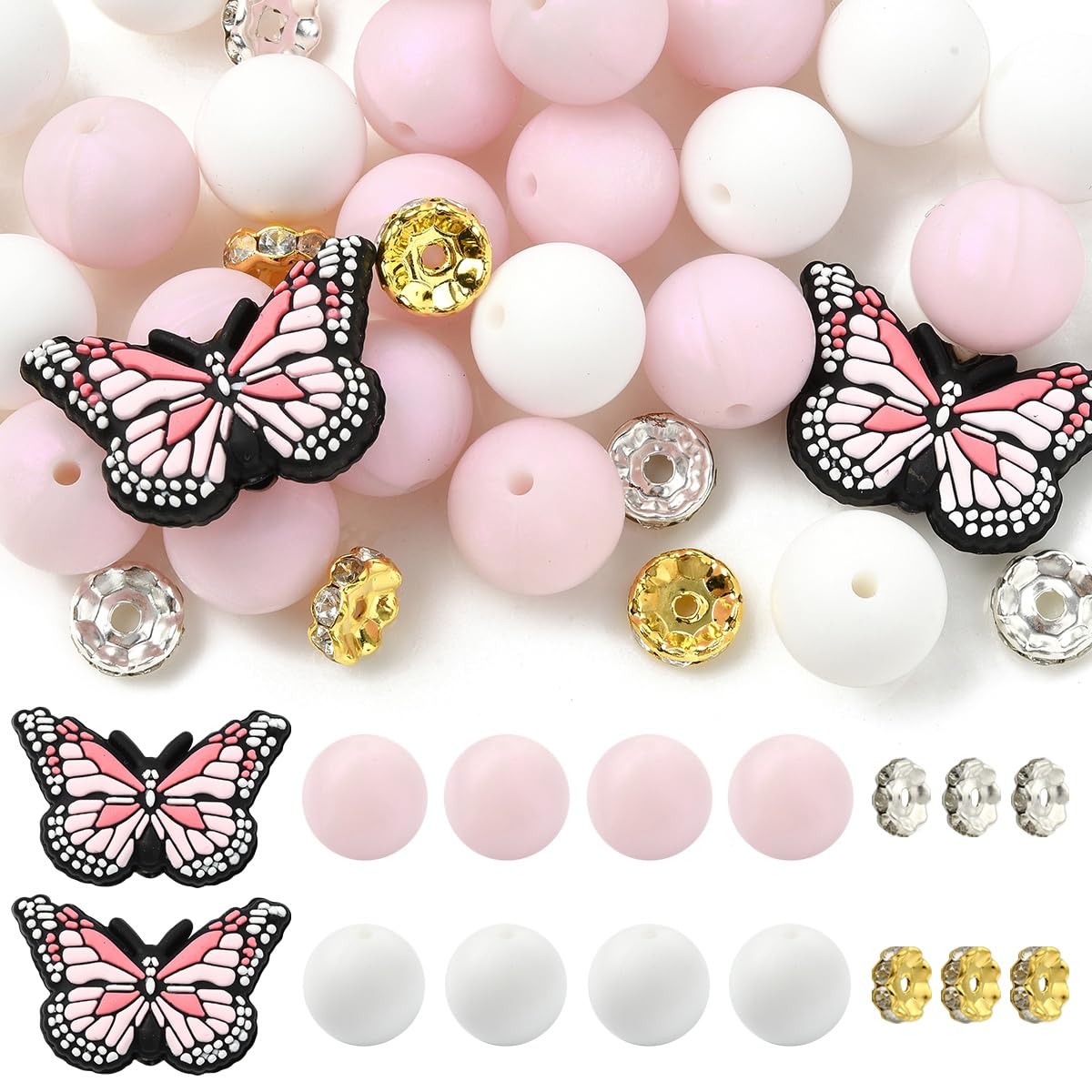 Echoed Elegance 62Pcs Butterfly Silicone Beads Soft Focal Beads for Keychain Round Loose Beads Glass Rhinestone Spacer Beads for Jewelry Making Bracelets Lanyard Pen Making Decor Pink