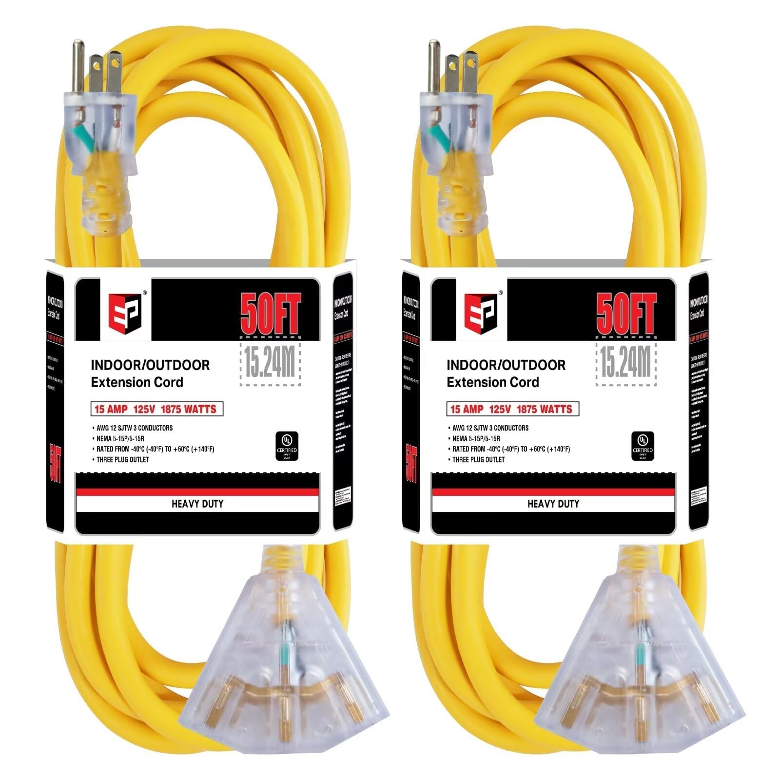 EP 2 Pack 50 Ft 12 Gauge Heavy Duty Extension Cord, 15A 125V 1875W, 3 Outlet Indoor/Outdoor Power Cord with Lighted End, 12/3 SJTW Weatherproof Yellow