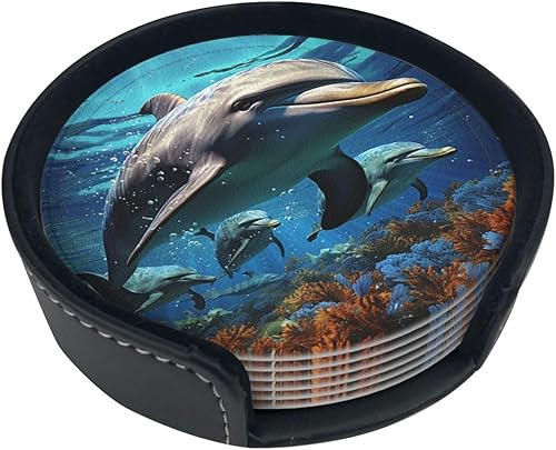 Miniatura 4 de Juego de 6 posavasos de cuero con estampado de delfines con soporte para vasos o bebidas calientes o frías, mesa de centro de madera