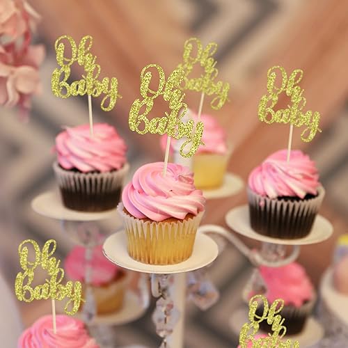 Miniatura 6 de Gyufise Paquete de 36 adornos para cupcakes Oh Baby con purpurina para baby shower, decoración para celebrar baby shower, suministros de fiesta de