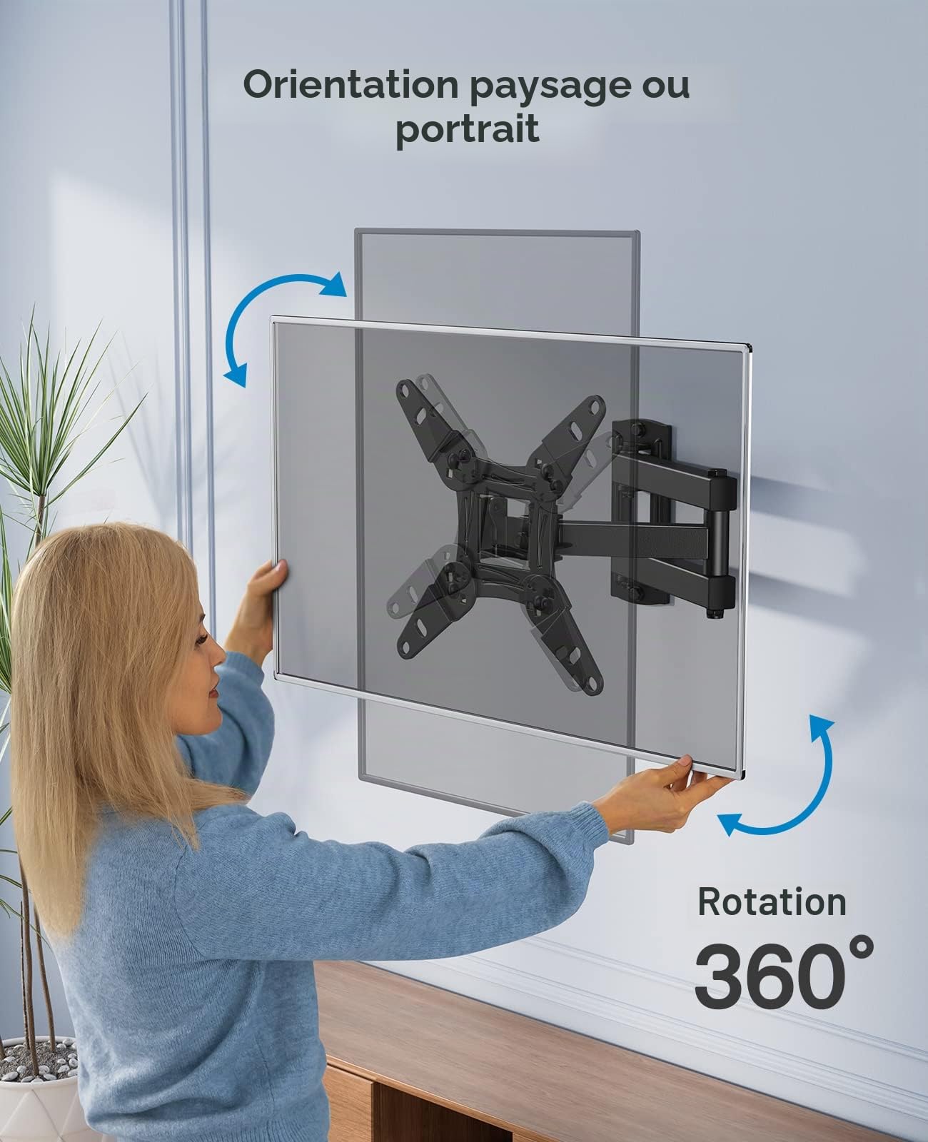 PERLESMITH Support Mural TV 13-42 Pouces 20KG Orientable Inclinable Rotation 360° Bras Accroche TV VESA 200x200mm