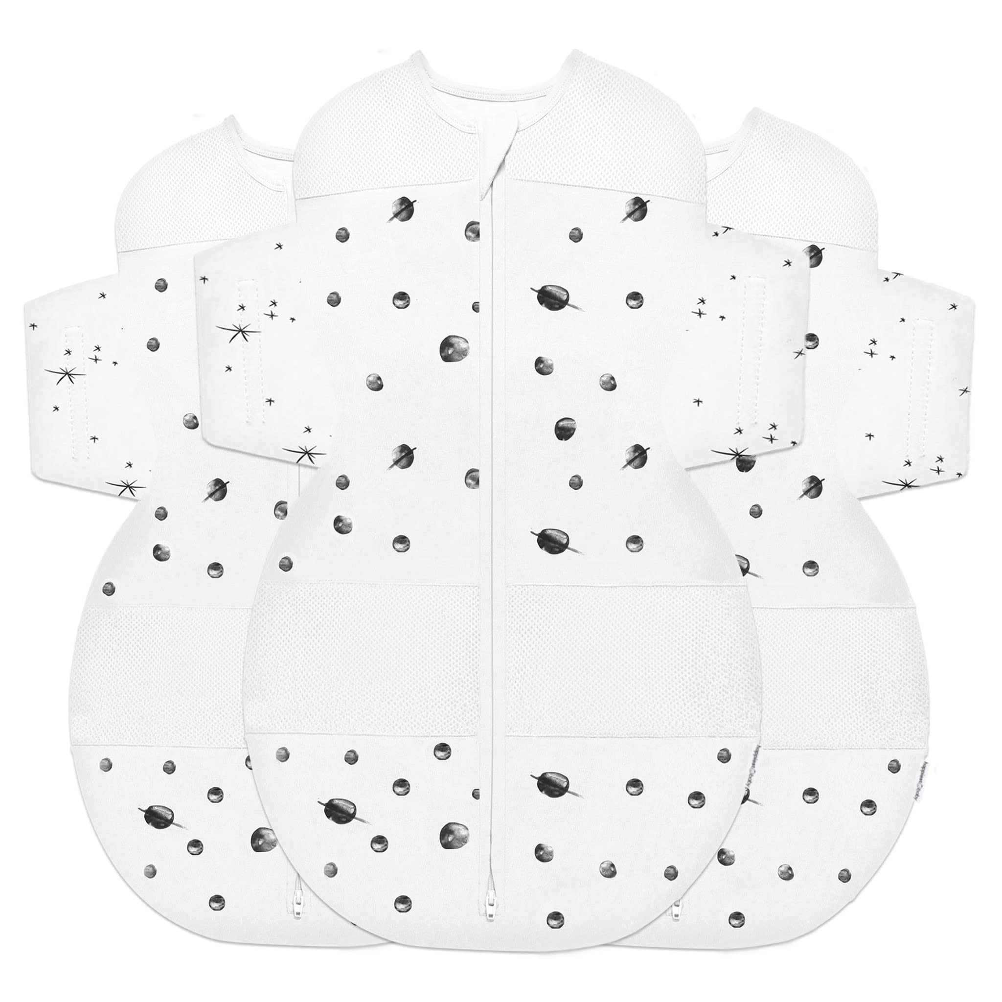 Happiest Baby SNOO Sleep Sack - 100% Organic Cotton Baby Swaddle Blanket - Doctor Designed Promotes Healthy Hip Development - 3-Pack Bundle (Ivory Planets, S, M, L)