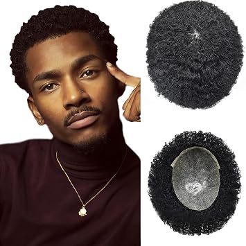 Hair Units For Black Men Poly Skin Afro Toupee Afro Hair System For Black Men Hair Piece #1 Jet Black-120% Light Medium To Medium Density, Afro Wavy 6mm