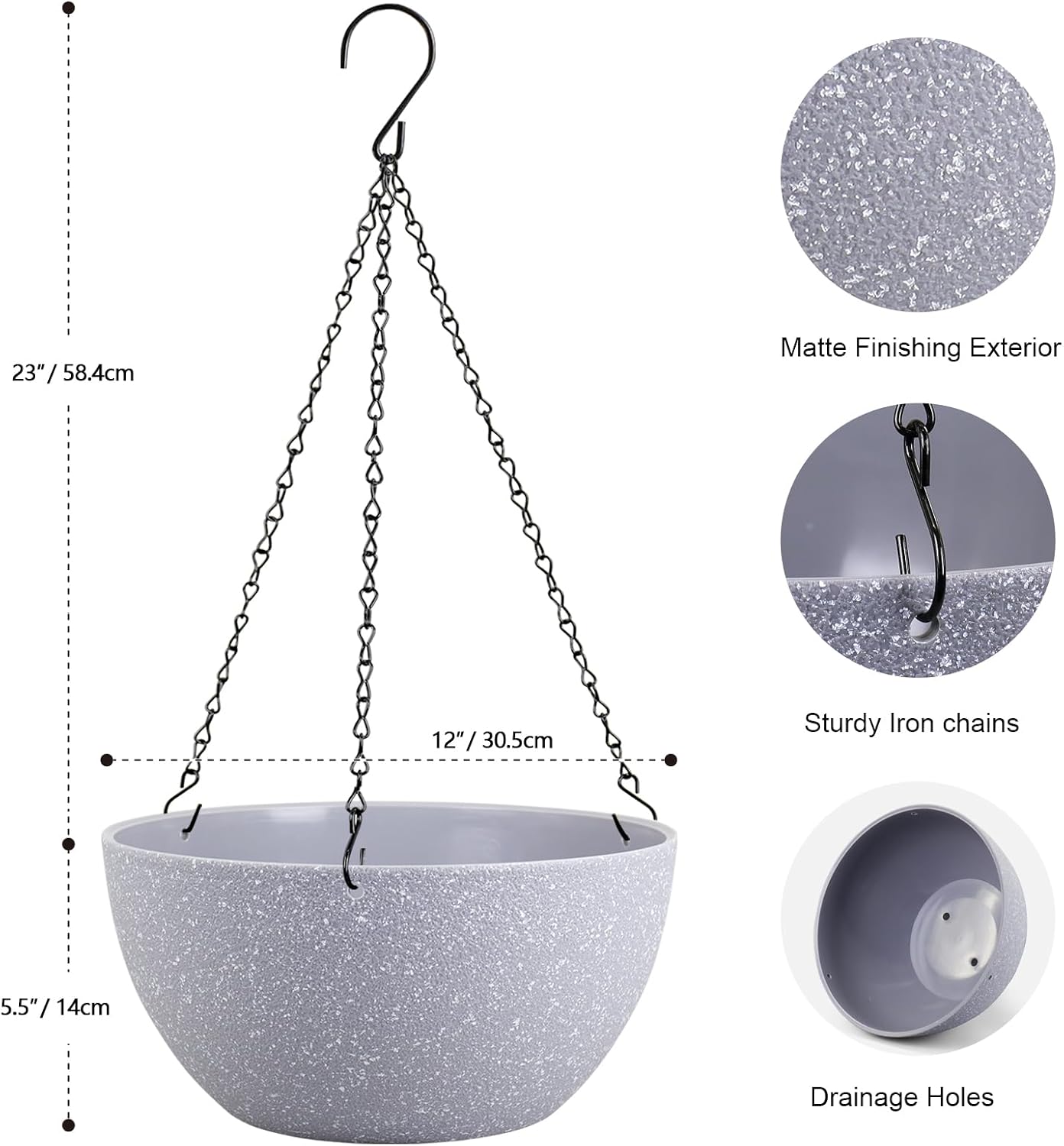 Meowell 12 inch Large Hanging Planters for Indoor Outdoor Plants, 2 Pack Hanging Flower Pots with Drainage Holes and Chain for Garden Porch, Plastic Hanging Baskets for House Plants, Speckled Grey