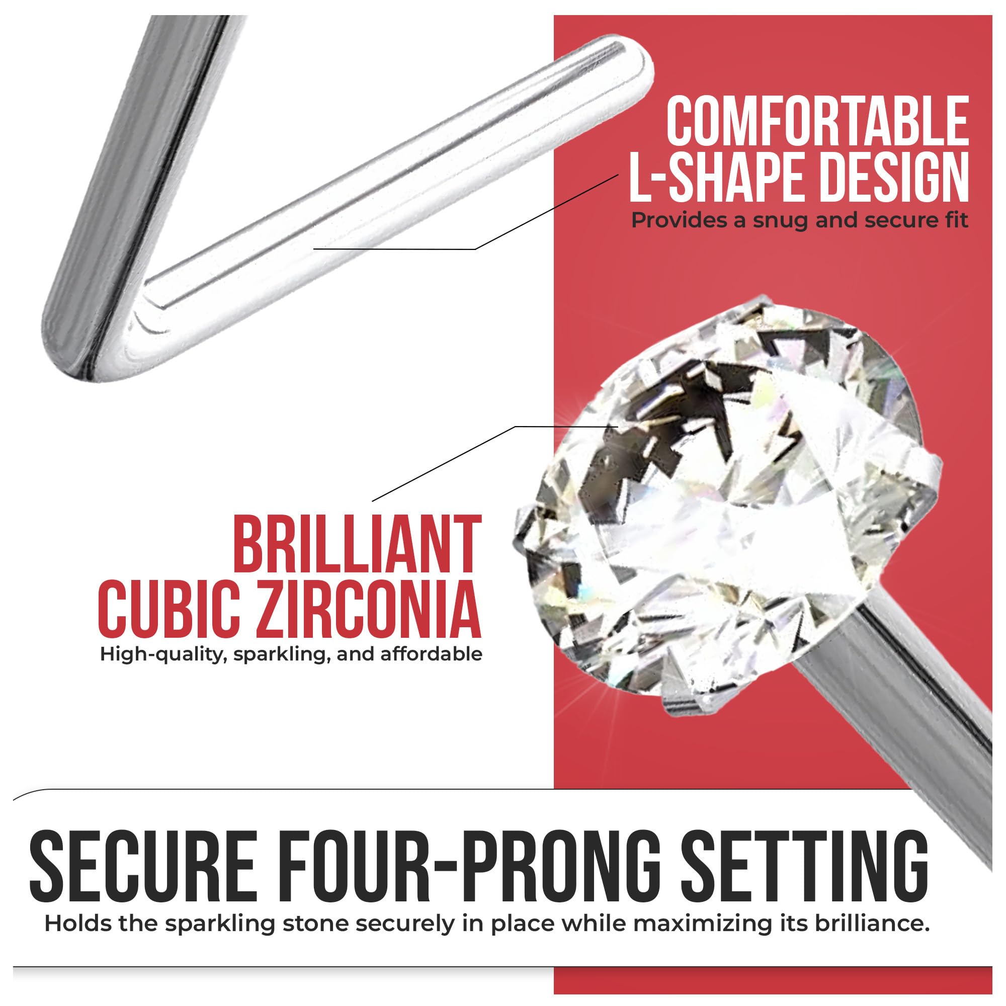 Monster Piercing - Perno/Stud de Nariz con Punto de Luz. Palo en Ángulo. Oro Blanco de 9 Quilates. Piedra: Circonita Blanca Redonda. Calibre: 22G (0,6 mm). Longitud del Perno: 8mm. Hipoalergénico