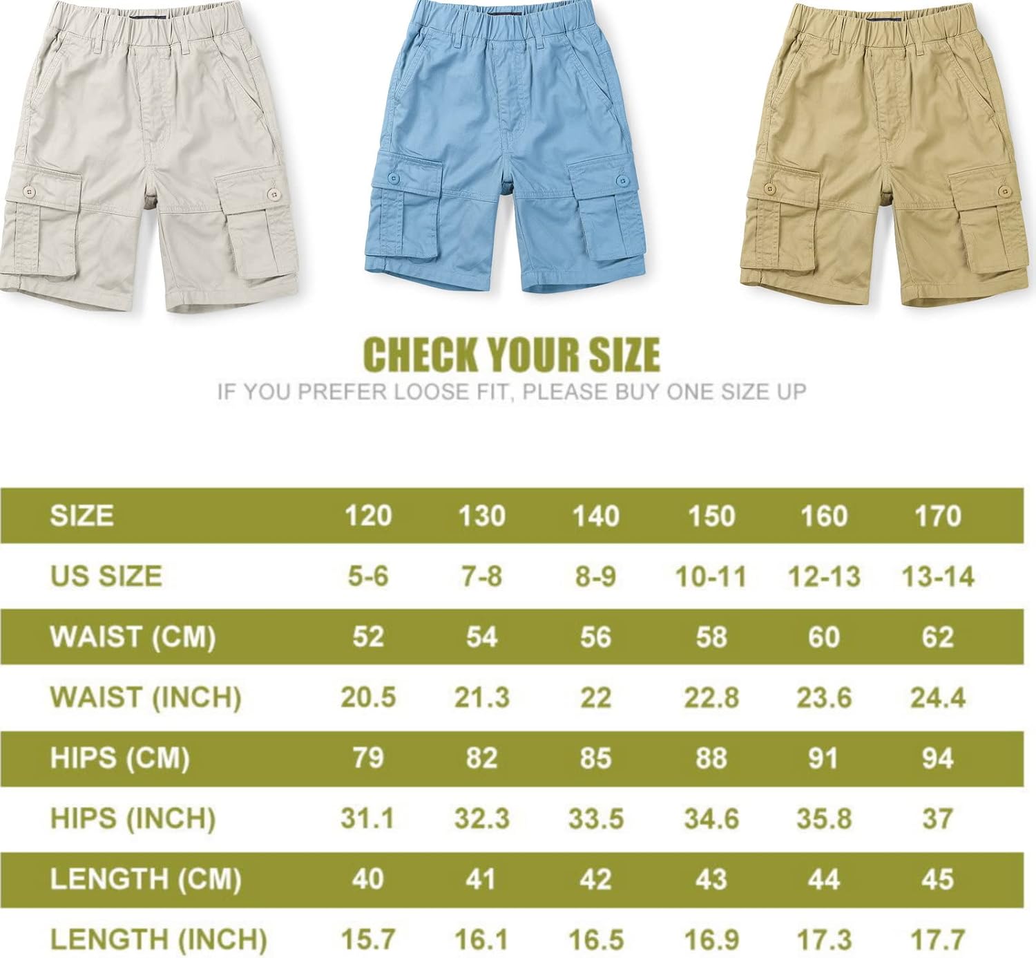 Boys' Men's Pull on Cargo Shorts Full Elastic Waist Casual Shorts with Multi Pockets