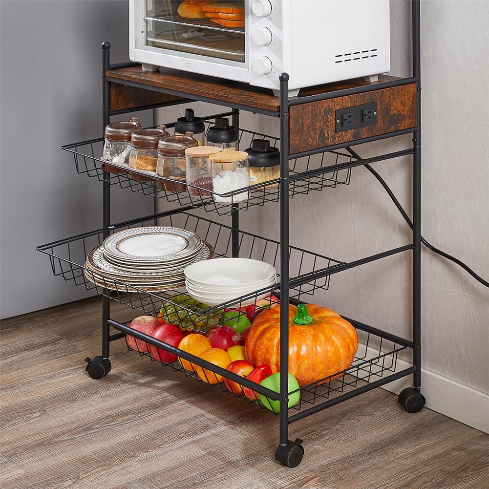 Kitchen Bakers Rack Removable Microwave Oven Stand with Wire Basket Wheels with Anti-Skid Locks Kitchen Storage Shelf Rack for Spices Pots Pans as Shown