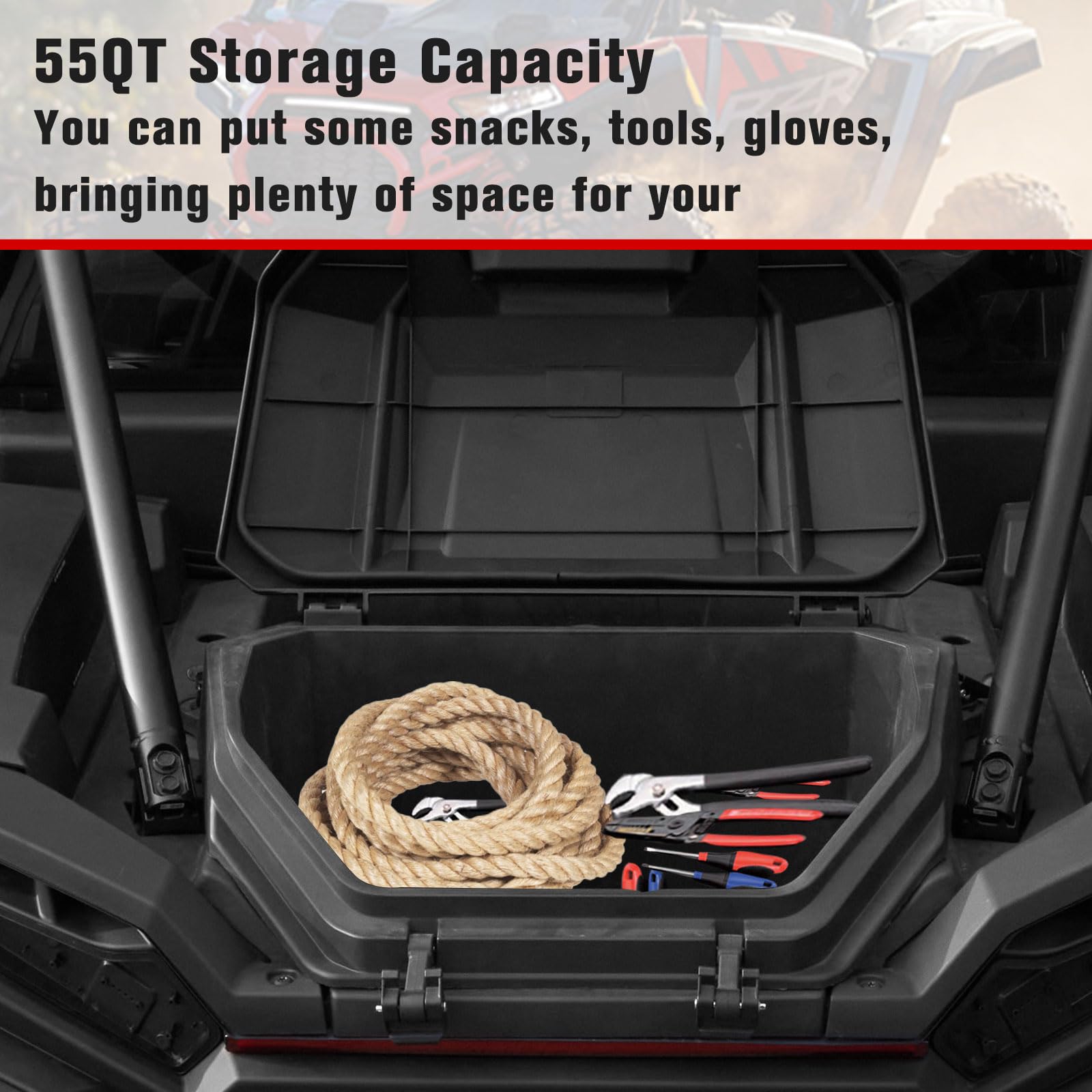MoGerTor Rear Cargo Box 55 QT for Polaris RZR XP/XP 4 1000 2024, Black Polypropylene Water Resistant Forward Cargo Storage Bin, Replace OEM #2884525