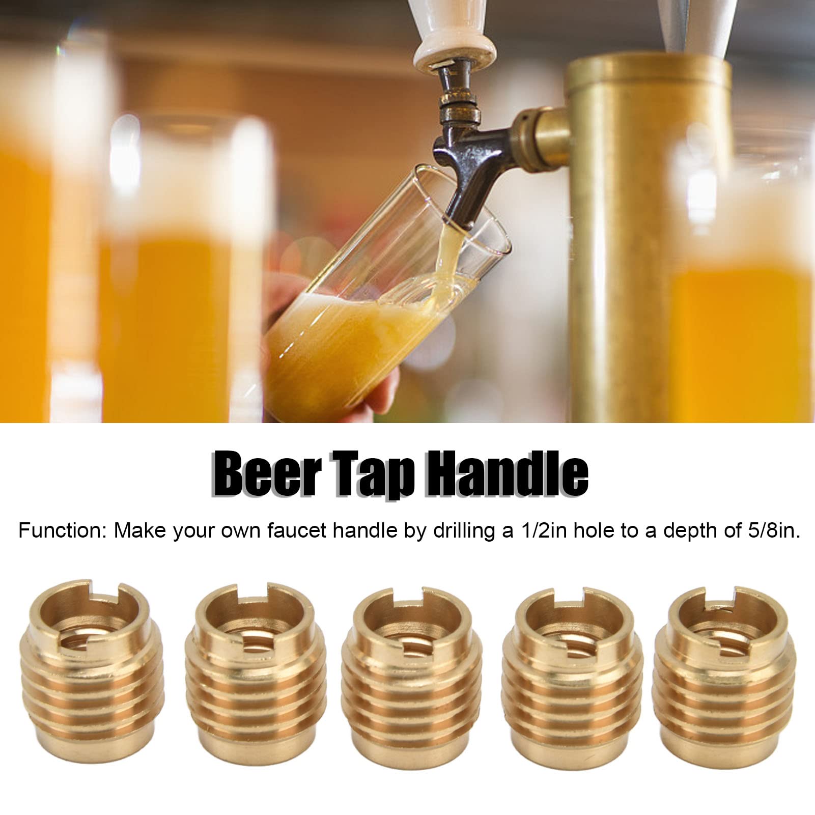HERCHR Beer Tap Handle, 5Pcs Beer Tap Handle Nuts, Threaded Beer Tap Beer Faucet Handle Inserts Rass Threaded Beer Tap Beer Faucet Handle Inserts For 3/8in?16 Unc External Thread