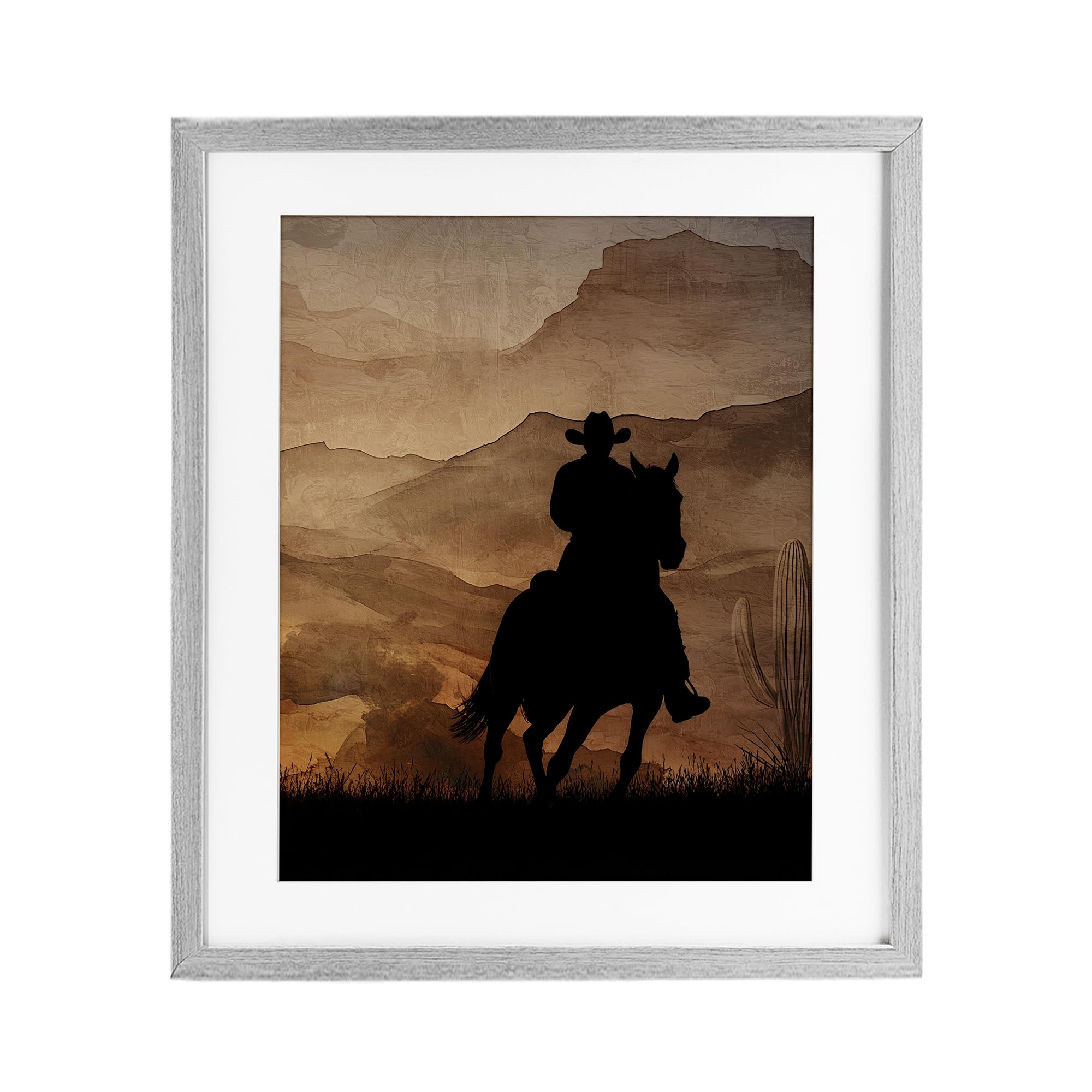 Stupell Industries Farmhouse Gray (Textured) Cowboy Sunset Ride Western, 17 X 21 Inch Framed Print Under Glass