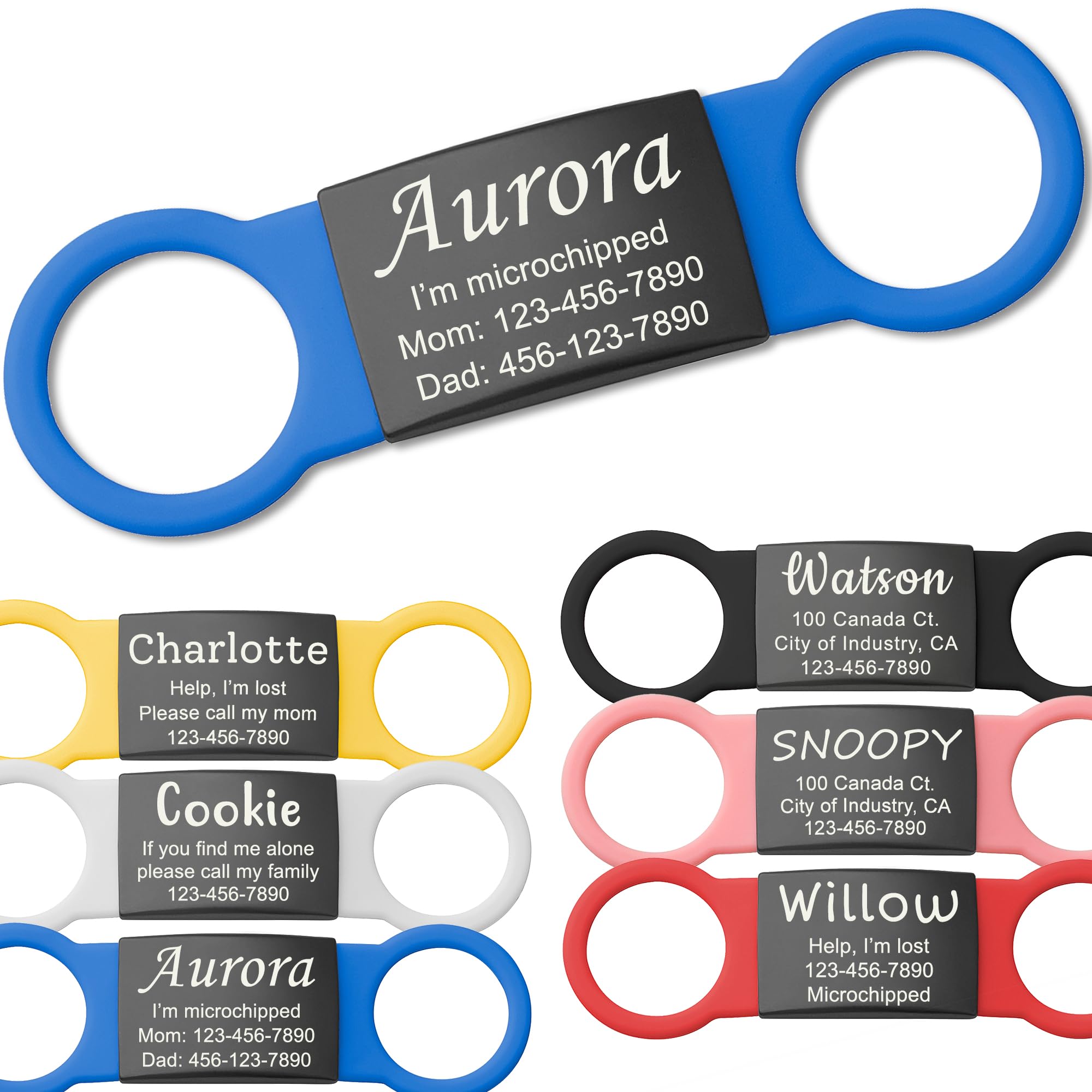 Anavia Slide On Silent Pet ID Tags, S/M/L/XL Personalized Black Stainless Steel Colored Silicone Cat Dog Name Tag, Customized Engraved Nameplate, Quiet Chew-Proof Pet Collar Tag (Blue, X-Large)