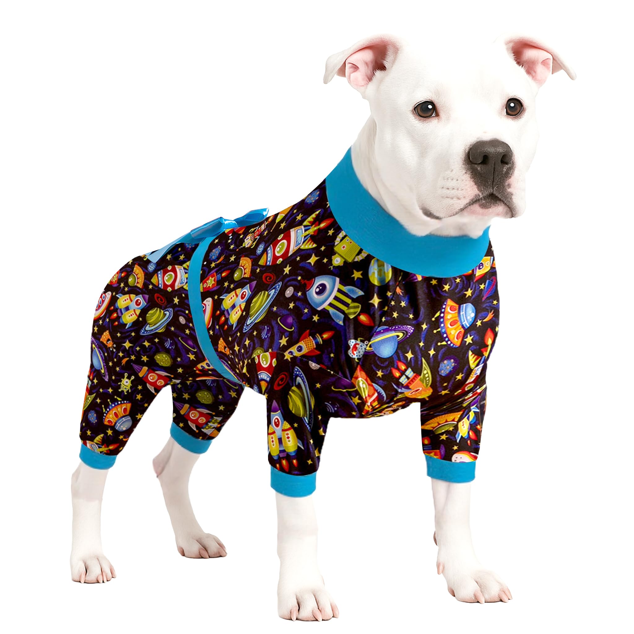 LovinPet Pitbull Onesie - Large Dog Pajamas, Post Surgery Recovery Shirt, Stretchy Fabric, Aim for The Moon Flannel Navy Print, Anti Licking, Easy to