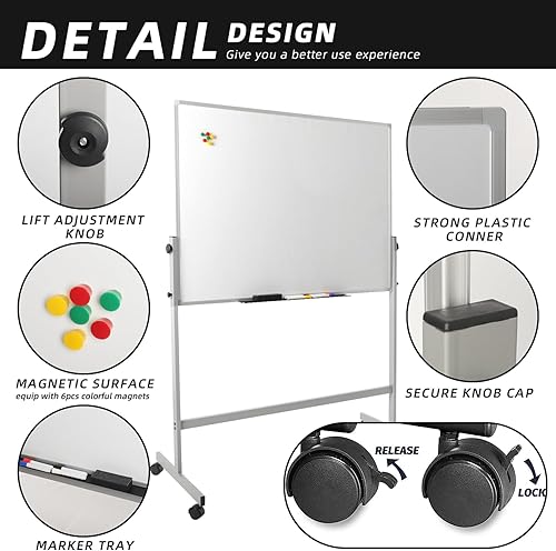Miniatura 4 de Pizarra blanca móvil de 48 x 36 pulgadas, pizarra magnética de borrado en seco de doble cara reversible de 360 con soporte rodante portátil sobre
