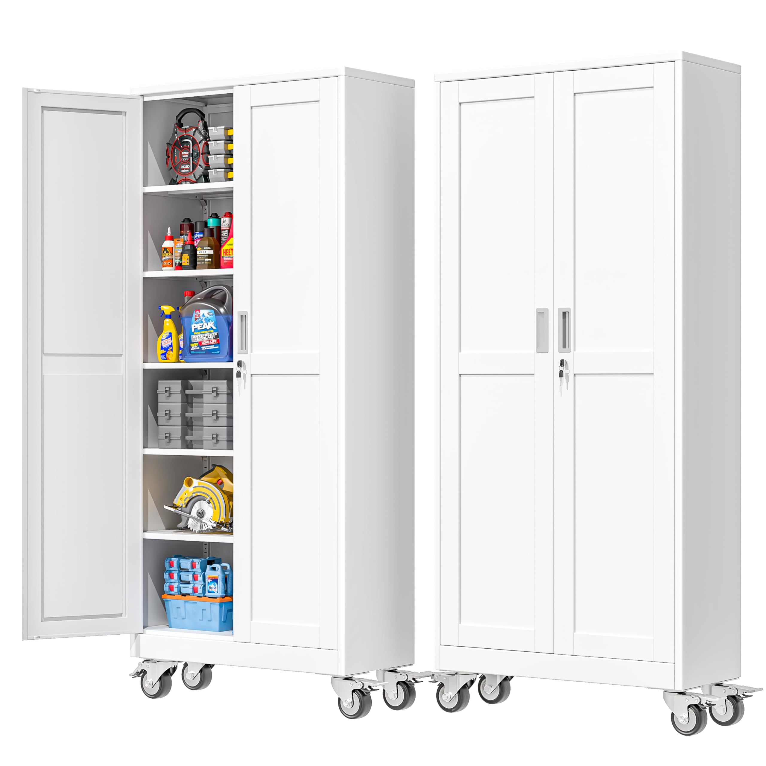 PAOFIN 75''H Metal Garage Storage Cabinet with Wheels,Steel File Cabinets with 2 Doors and 5 Adjustable Shelves for Home Office, Warehouse, Required Assembly,White