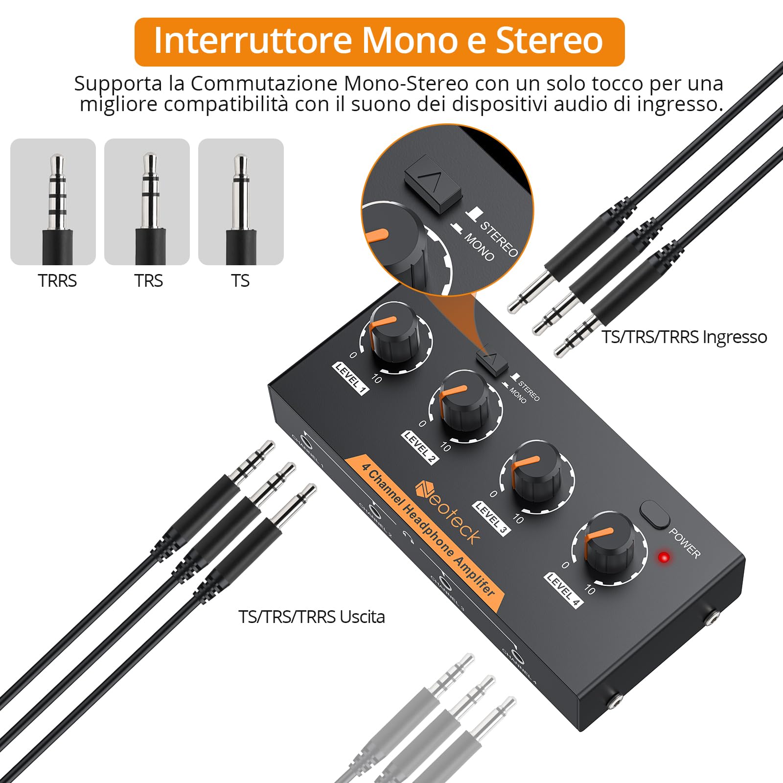 Neoteck Amplificatore per Cuffie 4 Canali Stereo Audio Mono/Stereo in Metallo con Cavo 3,5 mm