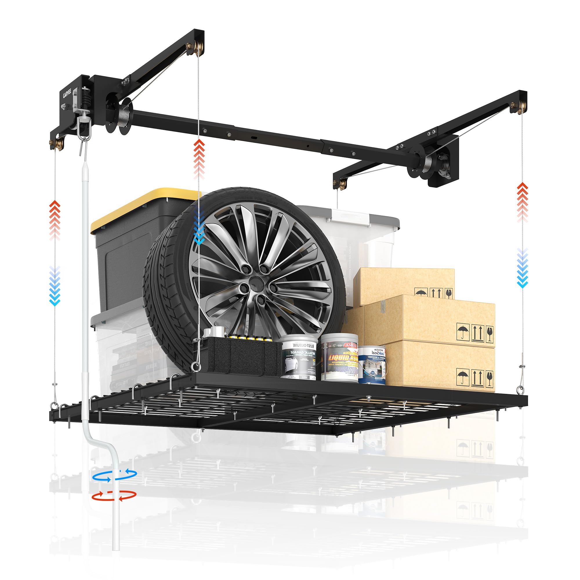 Photo 1 of GarveeHome Heavy Duty Overhead Garage Storage Rack Lift – 4x4 ft, 350 lbs Capacity, Hand Crank Adjustable Ceiling Organizer, Max 79 in Height, Matte Black Finish