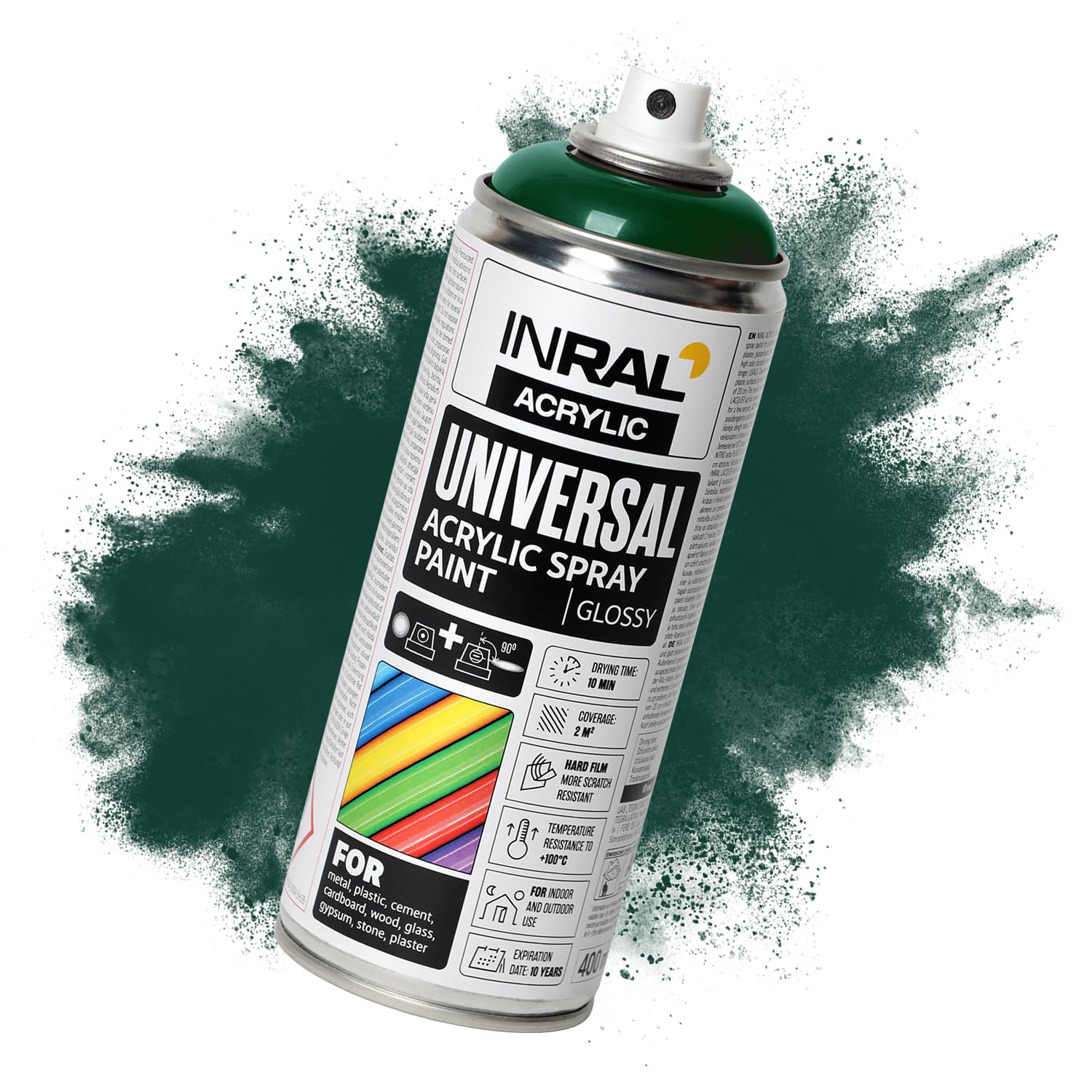 INRAL Sprühlack - Moosgrün glänzend RAL6005 Universal Sprühfarbe 400ml. Spraydose für Metall, Kunststoff, Holz & Stein - Hochdeckende, Regen- und UV-beständige Farbspray für Innen- & Außenbereich