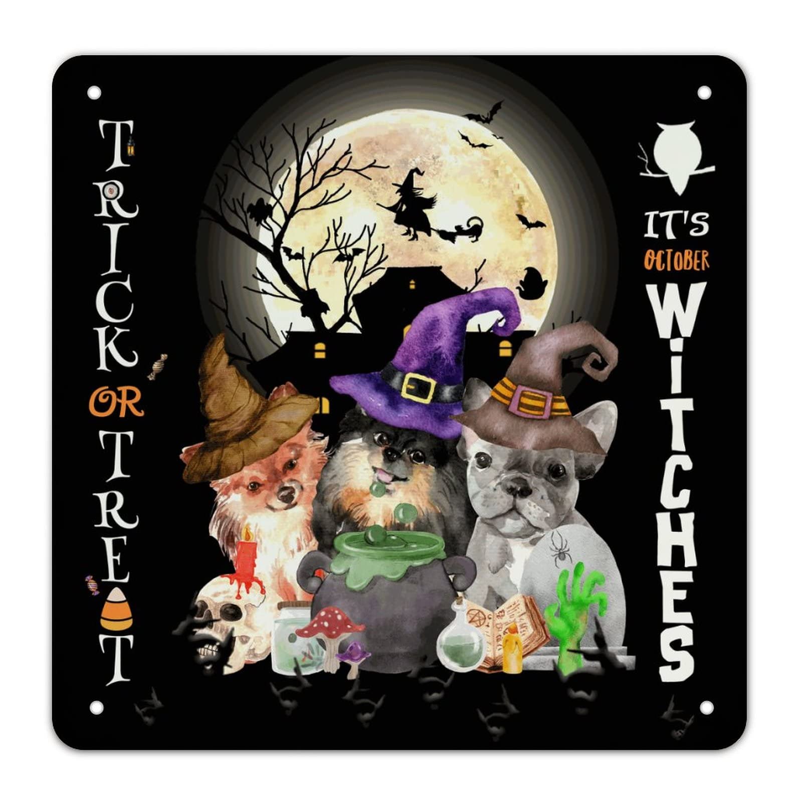 Panneau métal Halloween avec chien sorcière pour décorer votre salon en automne