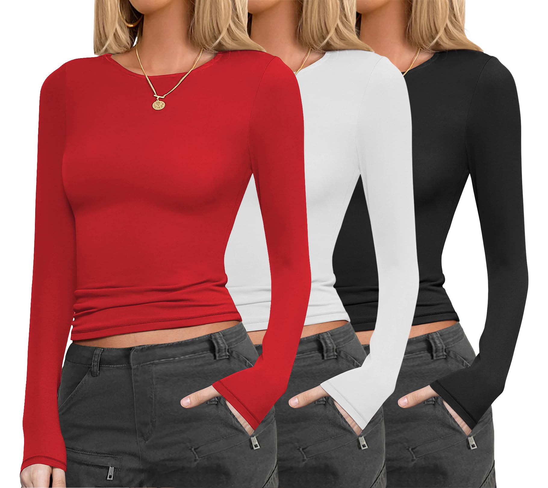 Ekouaer Womens 3 Pack Long Sleeve Shirts Fitted Tops Underscrub Undershirt