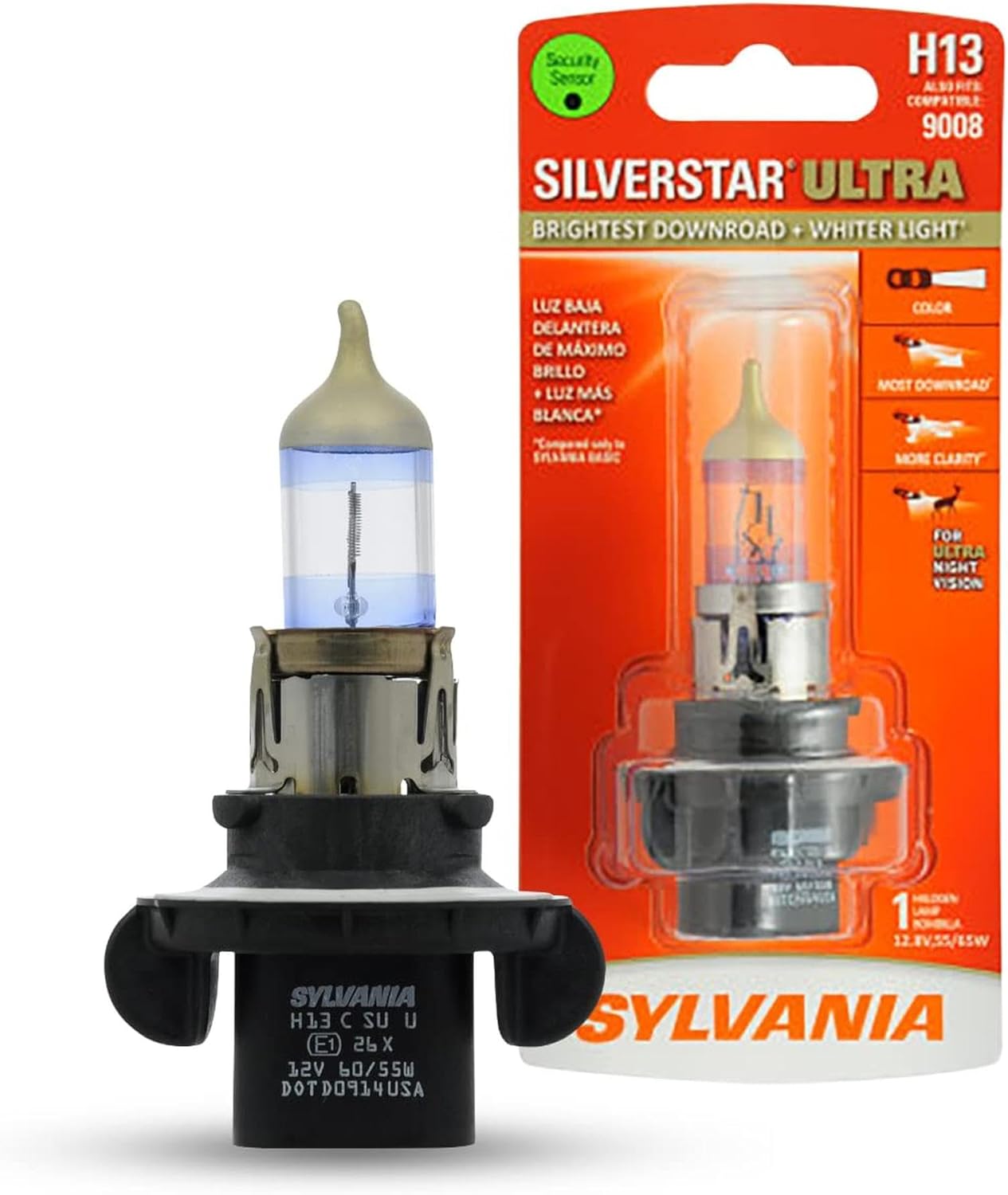 SYLVANIA - H13 SilverStar Ultra - High Performance Halogen Headlight Bulb, High Beam, Low Beam and Fog Replacement Bulb, Brightest Downroad with Whiter Light, Tri-Band Technology (Contains 1 Bulb)