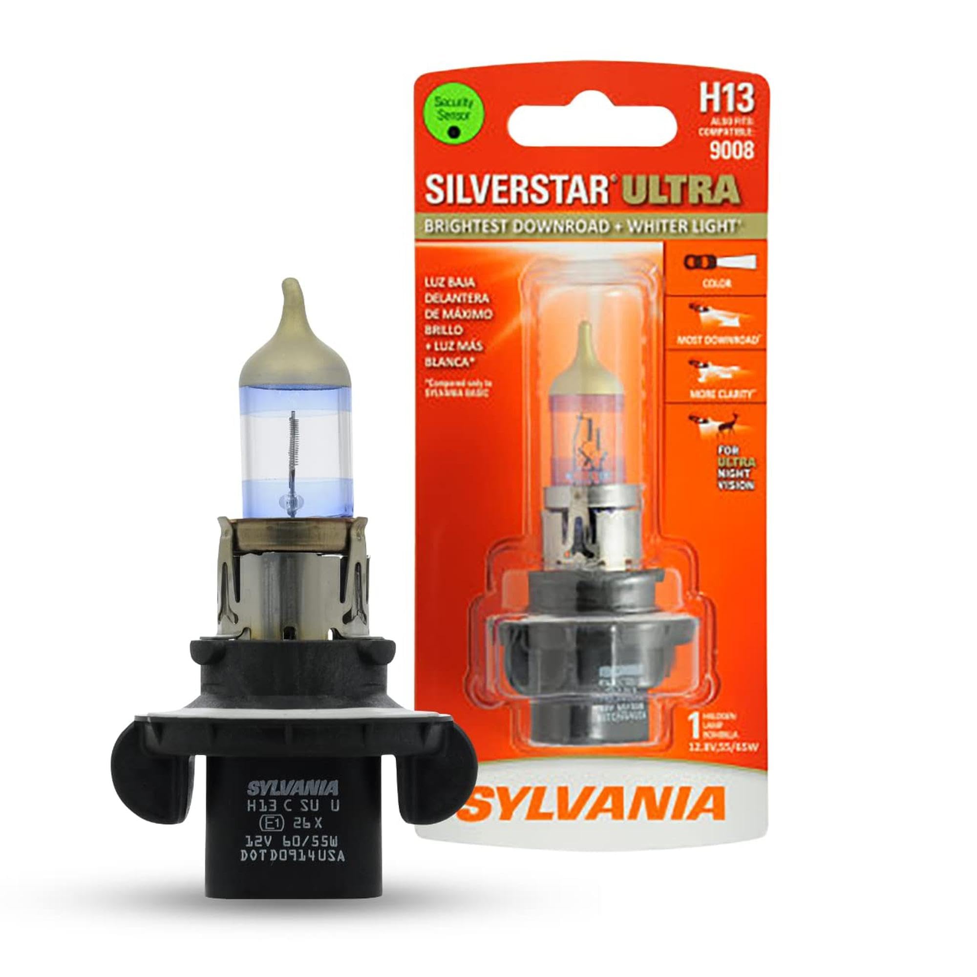 SYLVANIA - H13 SilverStar Ultra - High Performance Halogen Headlight Bulb, High Beam, Low Beam and Fog Replacement Bulb, Brightest Downroad with Whiter Light, Tri-Band Technology (Contains 1 Bulb)